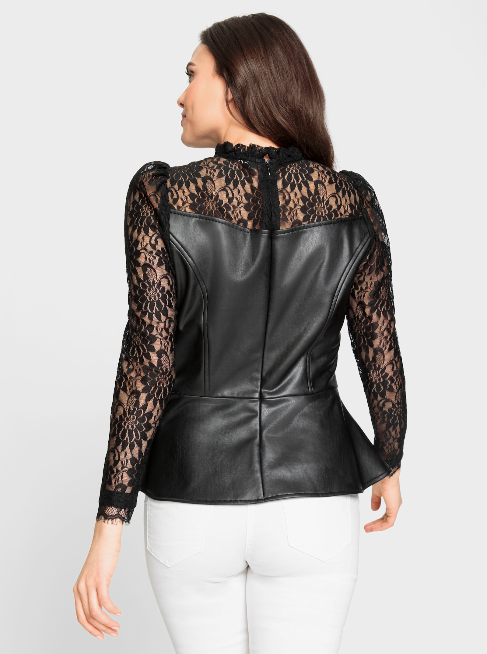 heine Blouse met lange mouwen van imitatieleer en kant - zwart