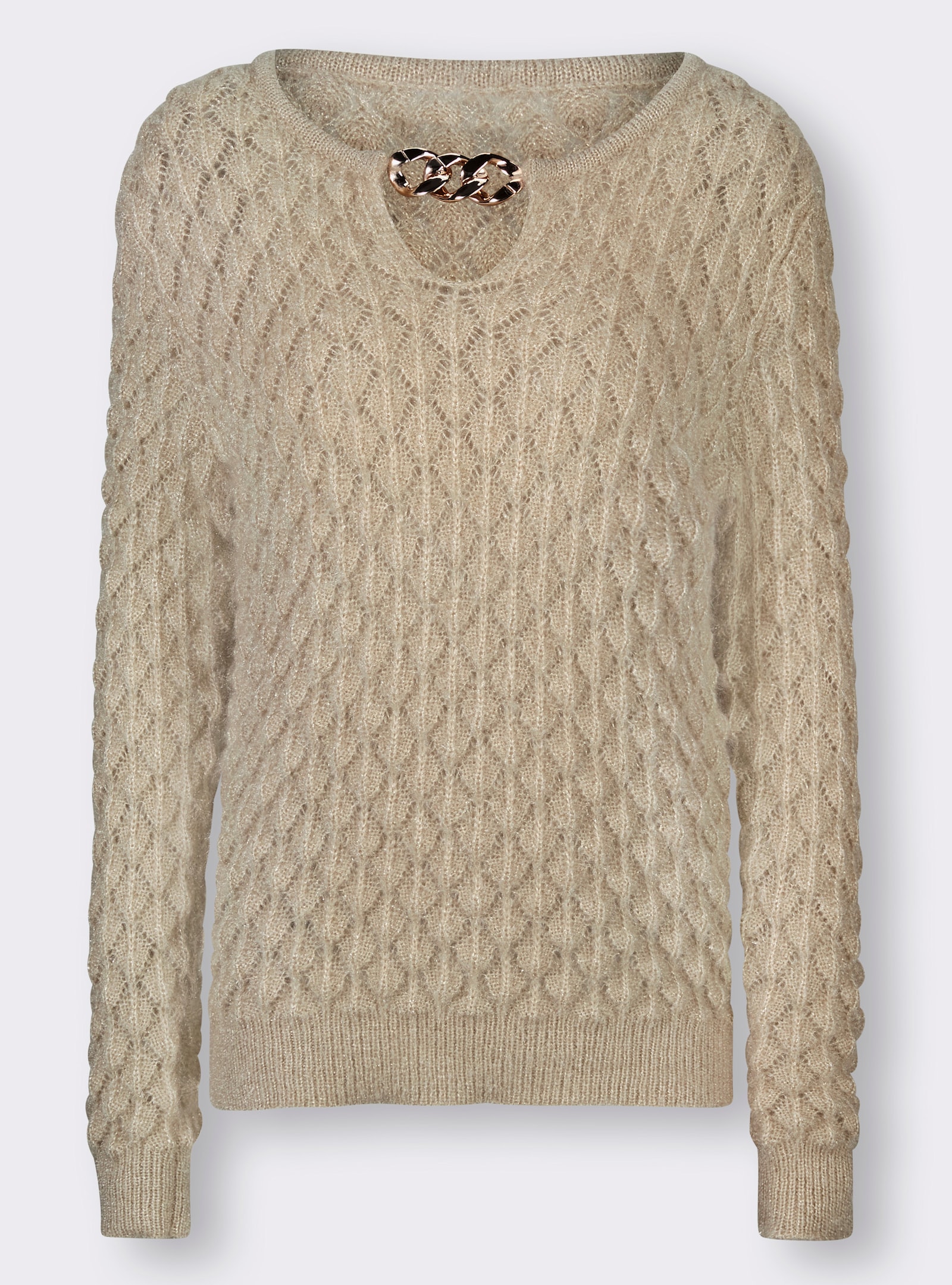Ajourpullover mit Ketten-Applikation - sand