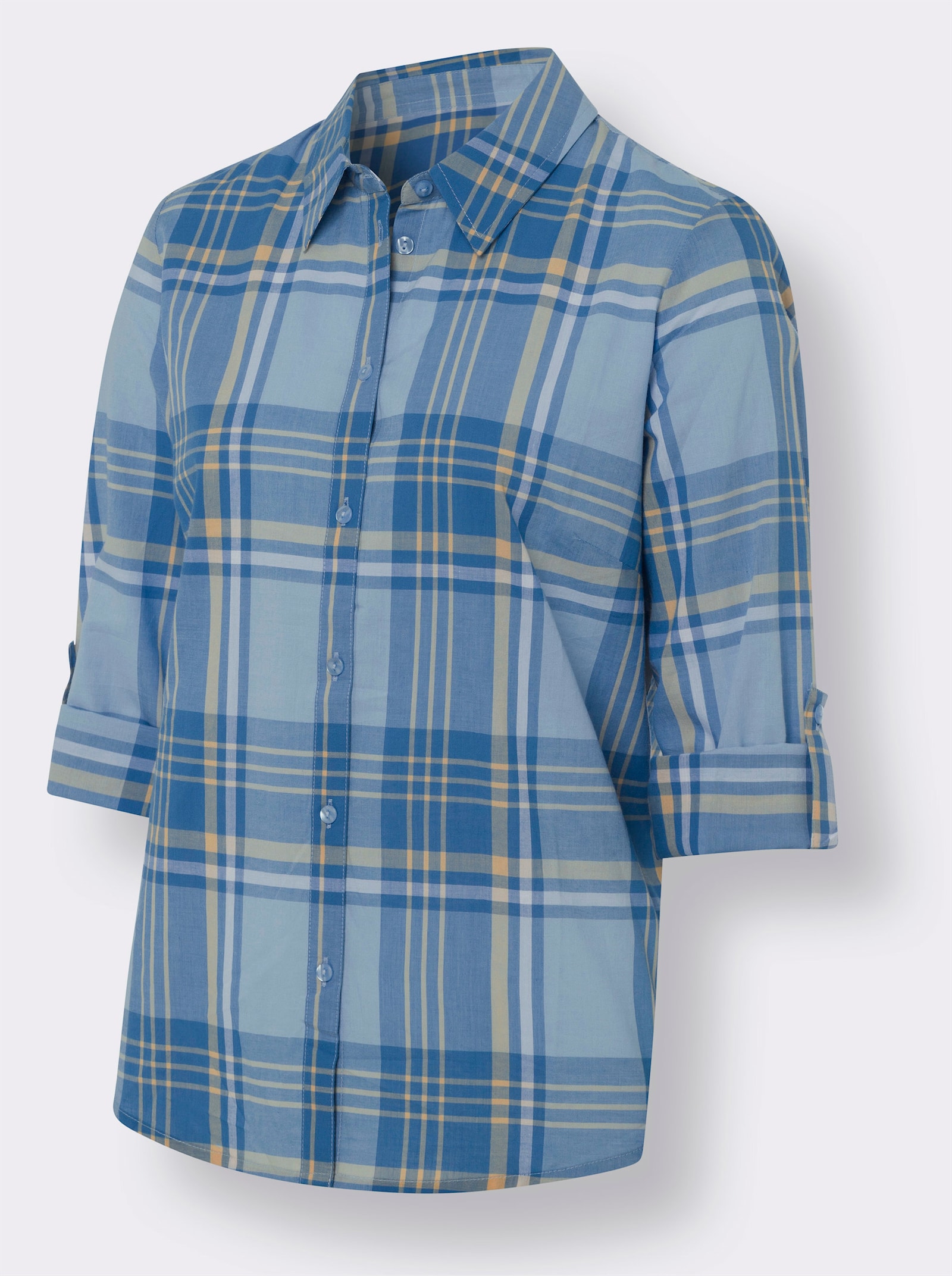 Geruite blouse met opstroopbare mouwen - ijsblauw/apricot geruit