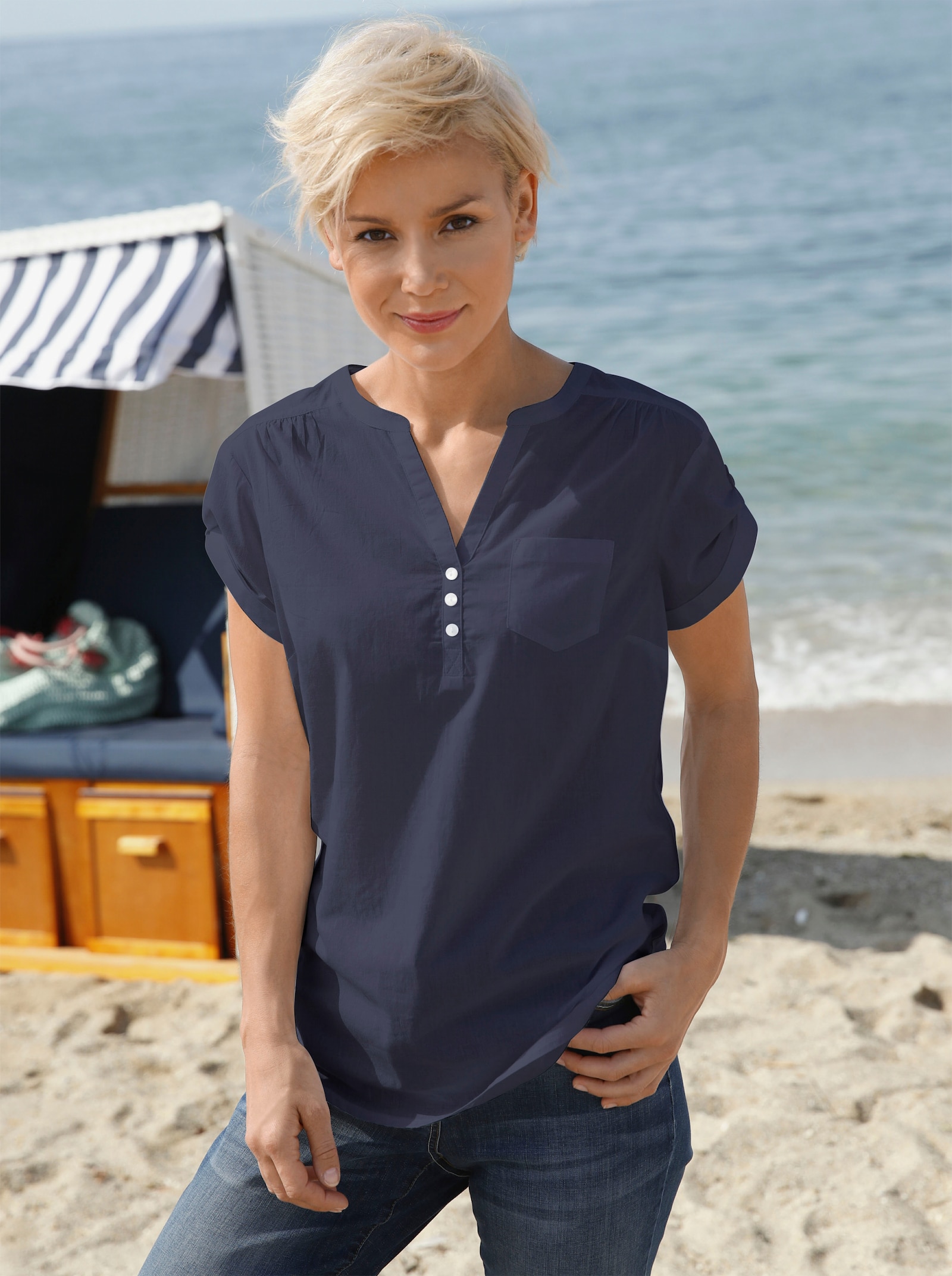 Blouse met korte mouwen en korte knoopsluiting - marine