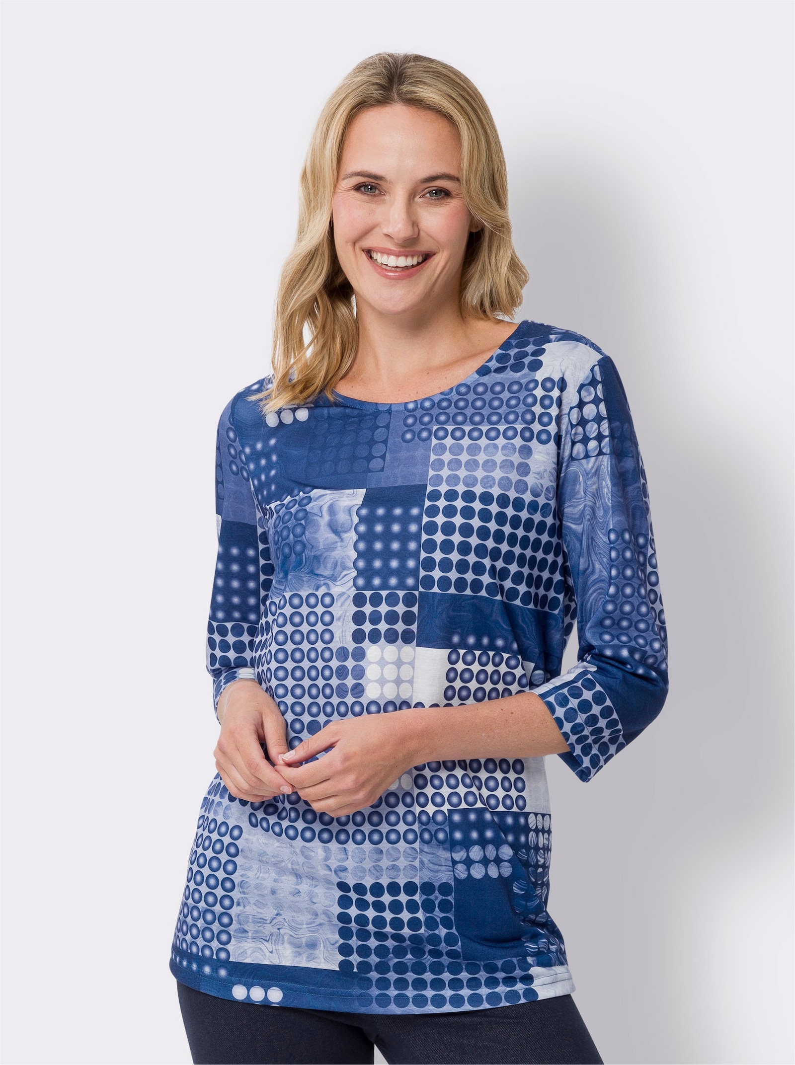 3/4-Arm-Shirt in Longform - taubenblau-marine-bedruckt