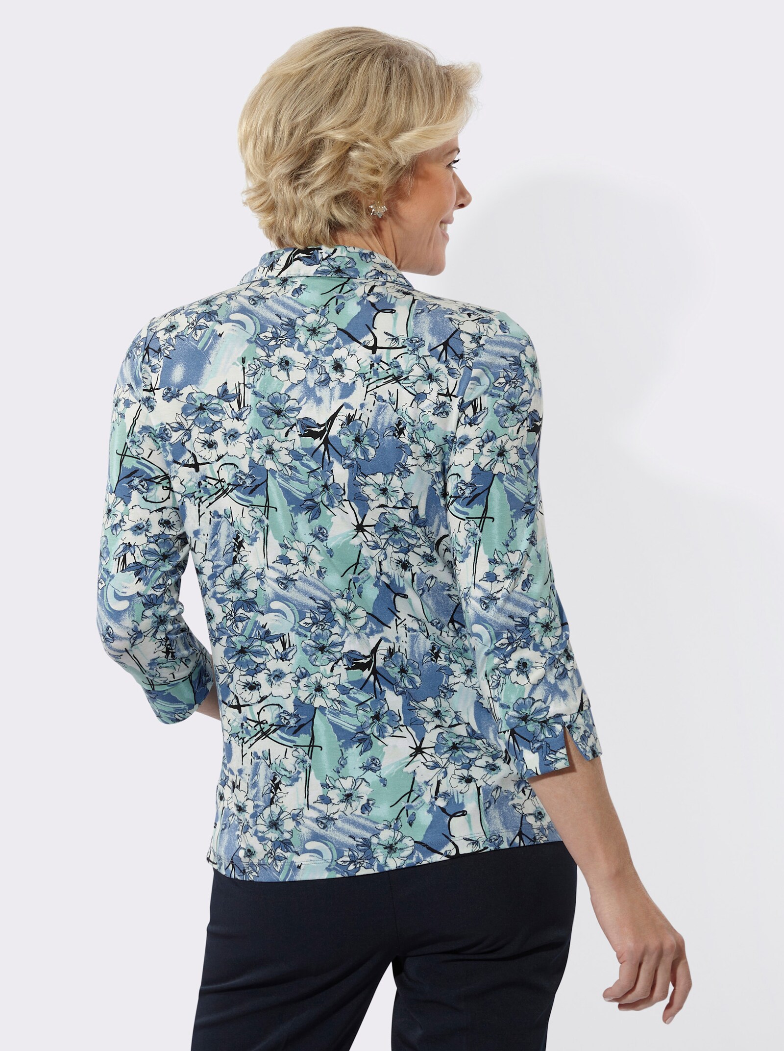 Poloshirt mit Glitzersteinchen - salbei-jeansblau-bedruckt