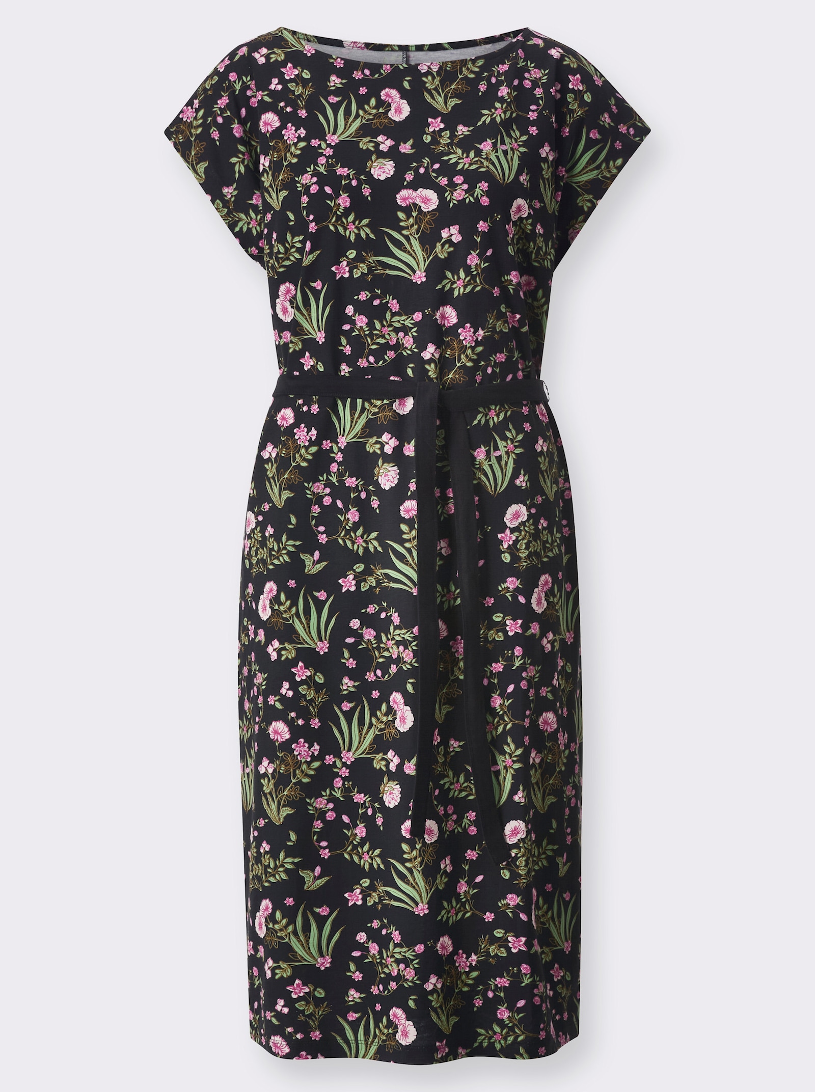 Jerseyjurk met bloemetjesprint - zwart/roze bedrukt