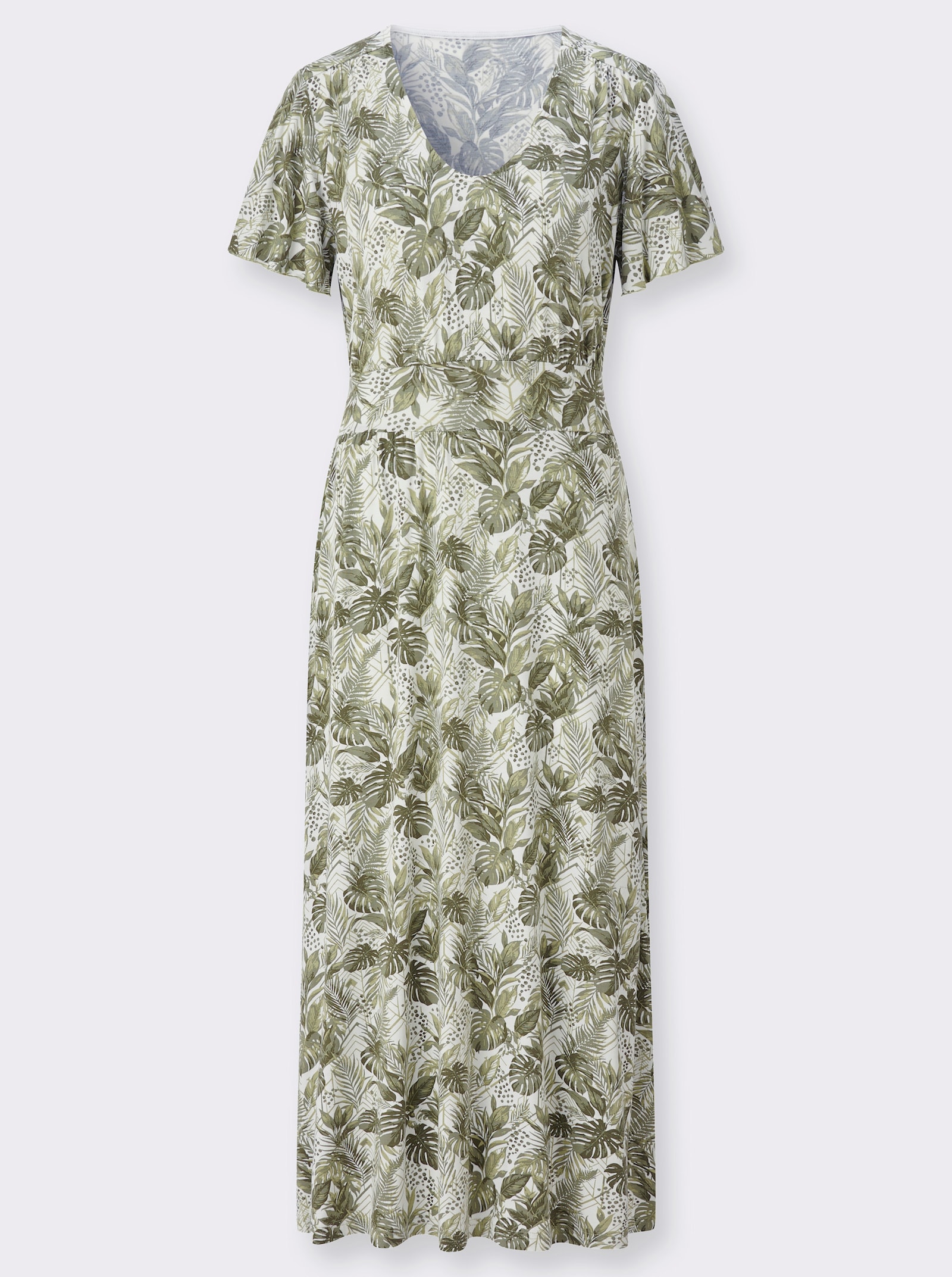 Jerseykleid mit Smokpartie hinten - ecru-oliv-bedruckt