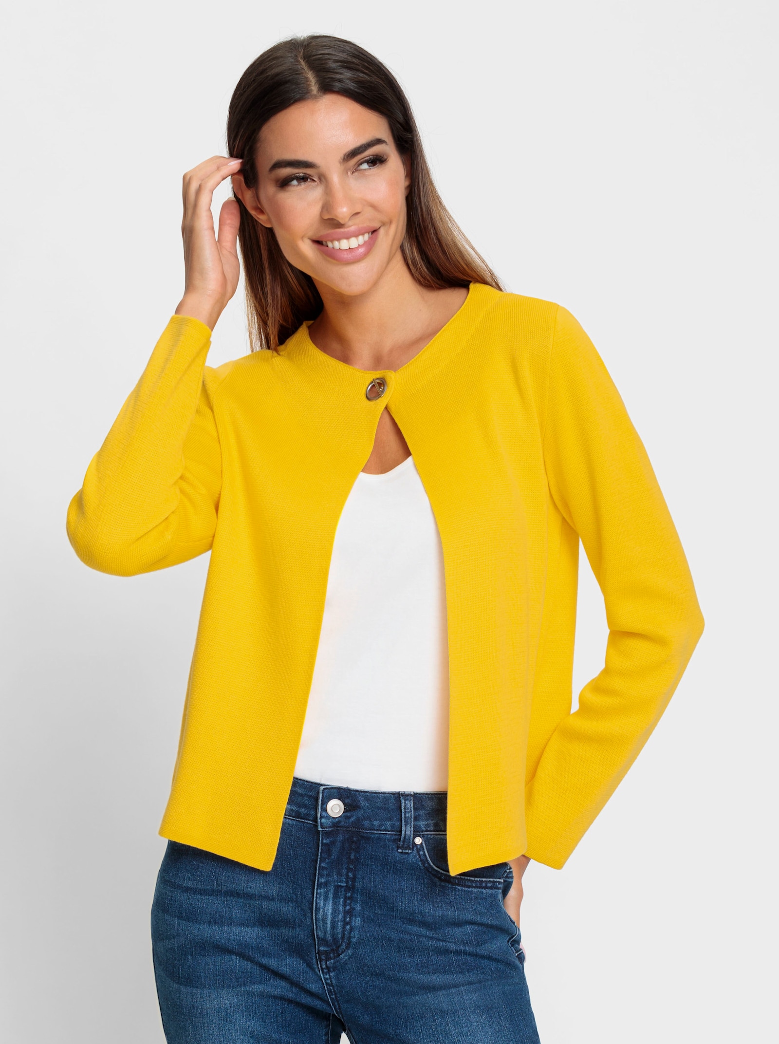 heine Fijn gebreid vest met ronde hals - zonnegeel