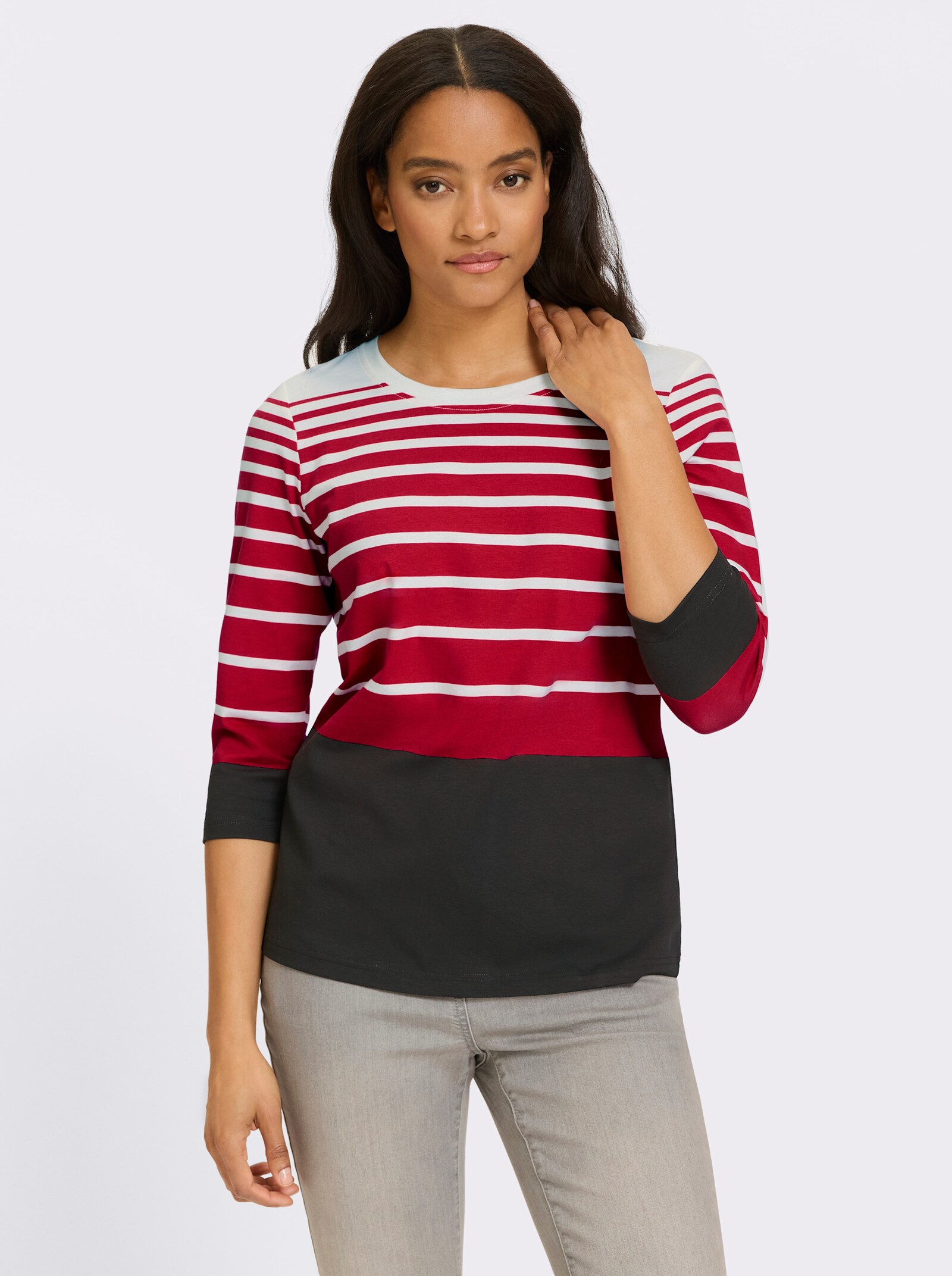 heine 3/4-Arm-Shirt mit Ringelmuster - schwarz-rot-bedruckt