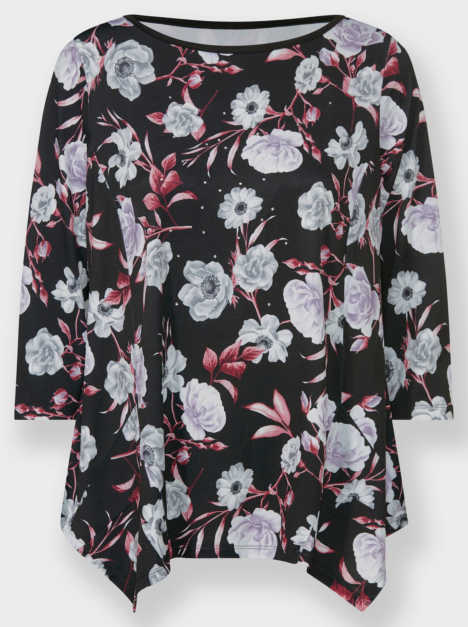 Zipfelshirt im Blüten-Dessin - schwarz-flieder-bedruckt