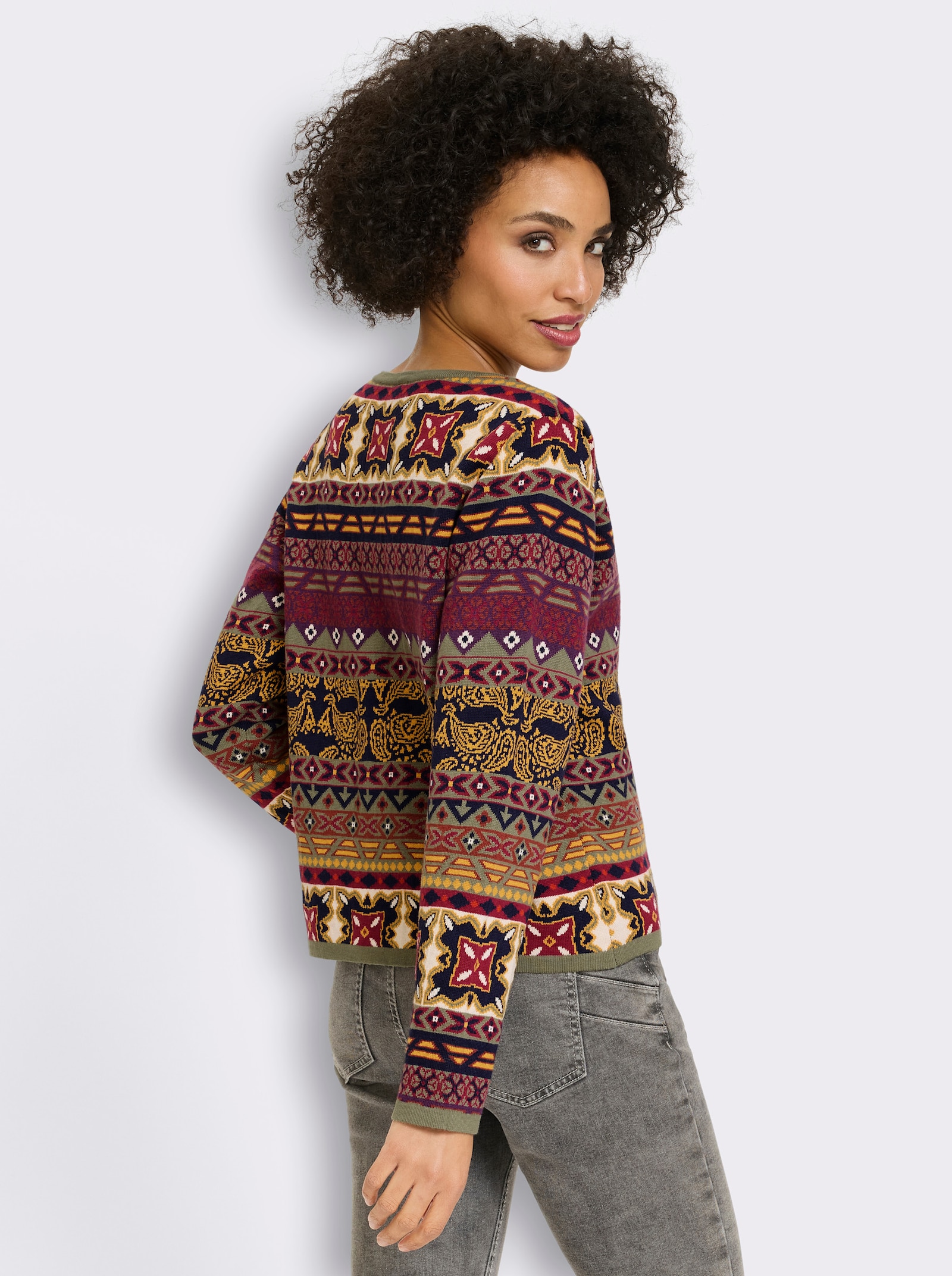 heine Jacquardvest in bonte kleurenmix - marine/oker gedessineerd