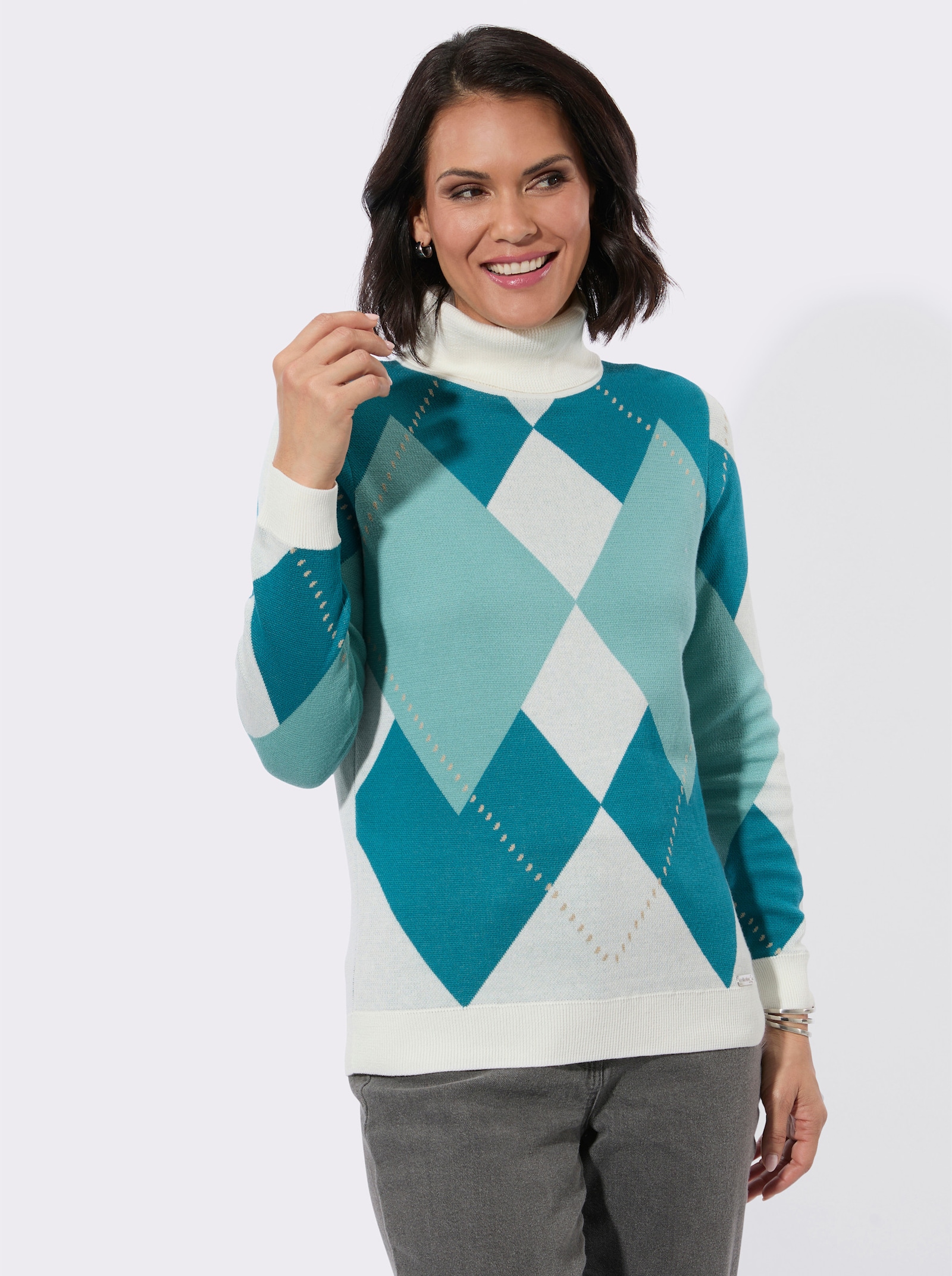 Rollkragenpullover mit Jacquard-Muster - aquapetrol-ecru