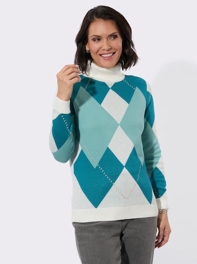 Rollkragenpullover mit Jacquard-Muster - aquapetrol-ecru