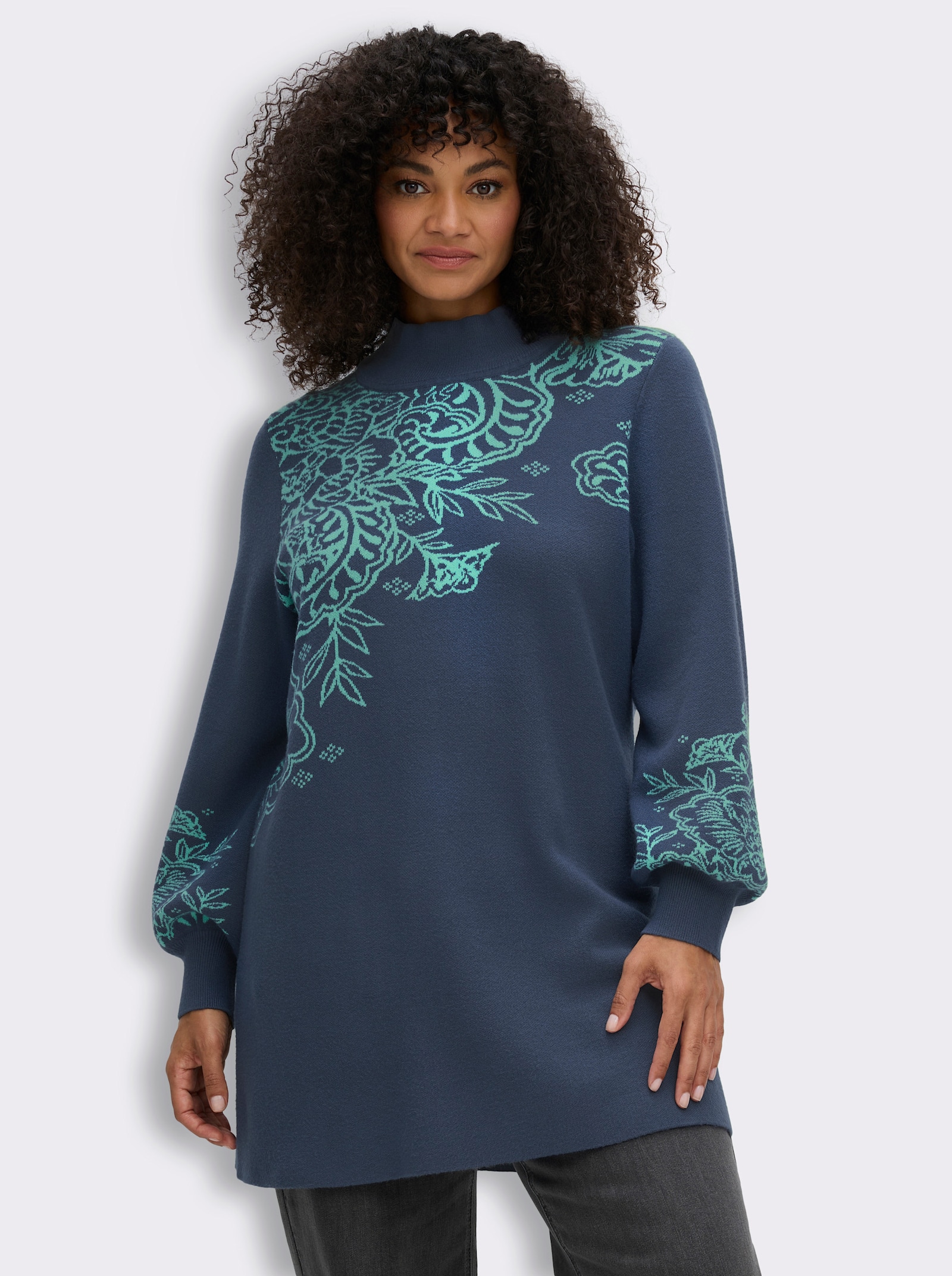 sheego by Joe Browns Longpullover mit Ajourmuster - dunkelblau-blaugrün-gemustert
