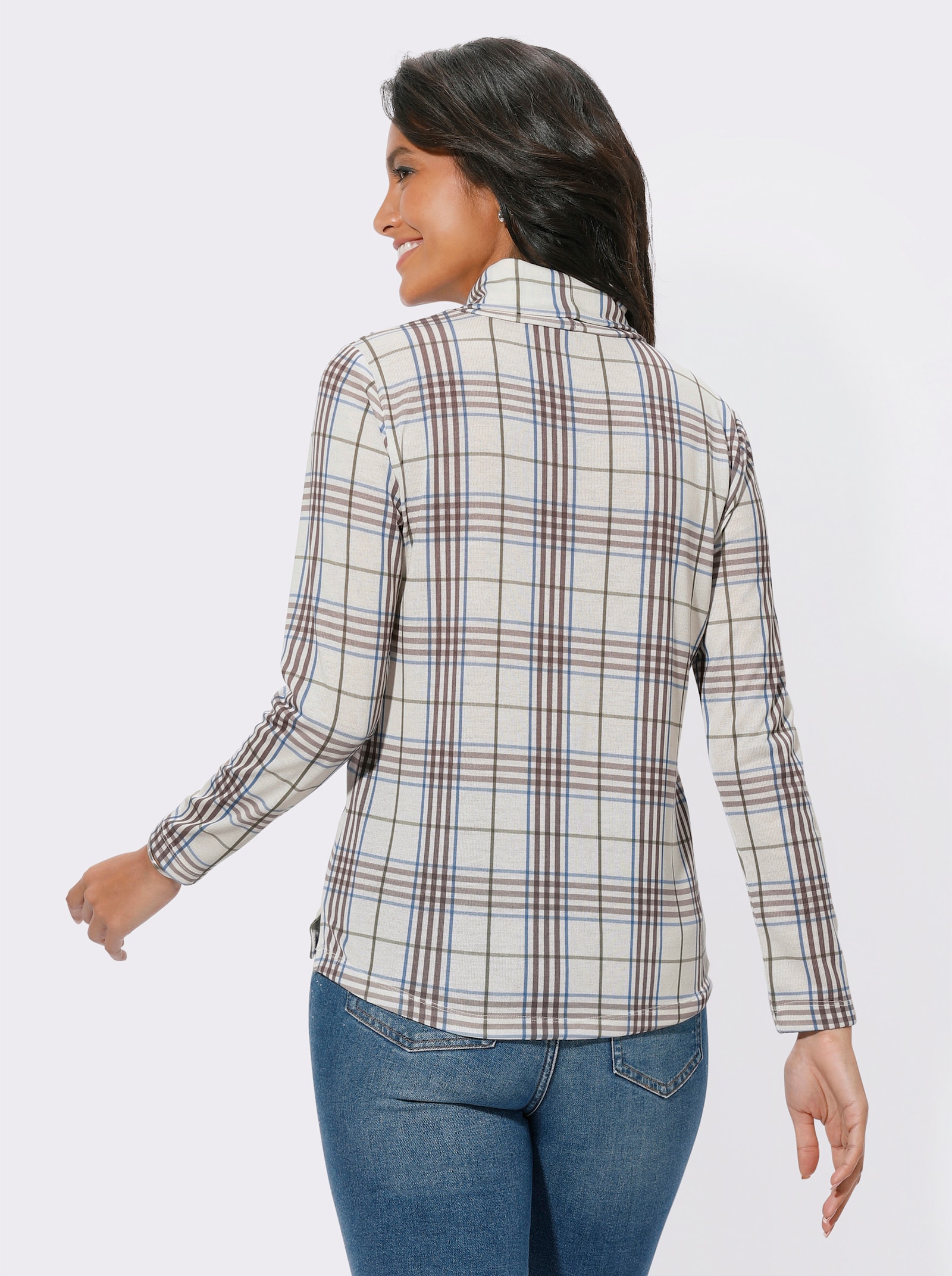 Langarmshirt mit halsfernem Rollkragen - champagner-dunkeltaupe-kariert