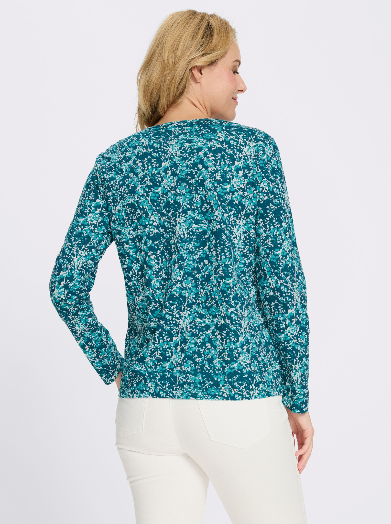Langarmshirt mit Millefleur-Druck - petrol-ecru-bedruckt