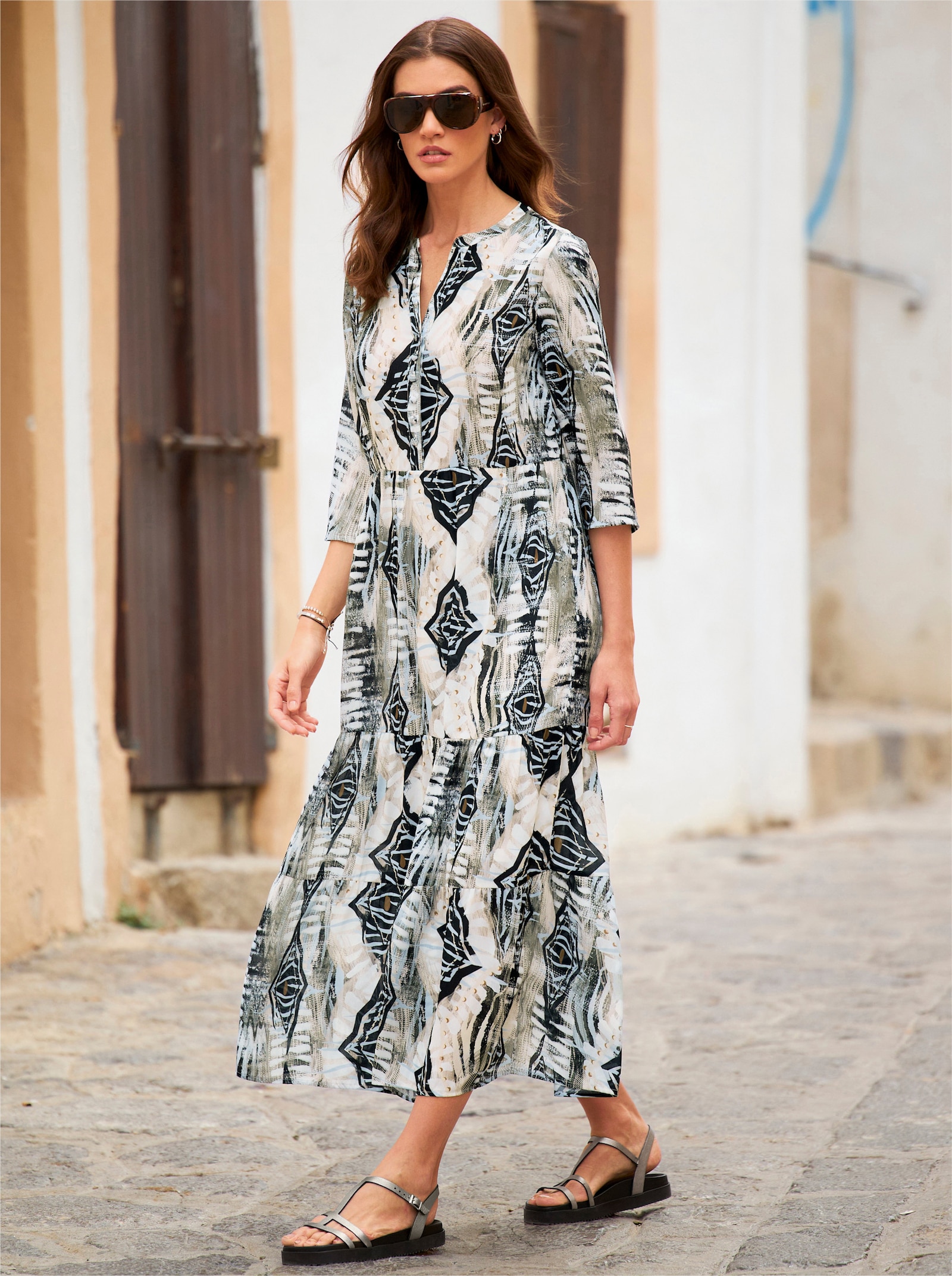 heine Freizeitkleid mit 3/4-Ärmeln, pflegeleicht - sand-hellblau-bedruckt