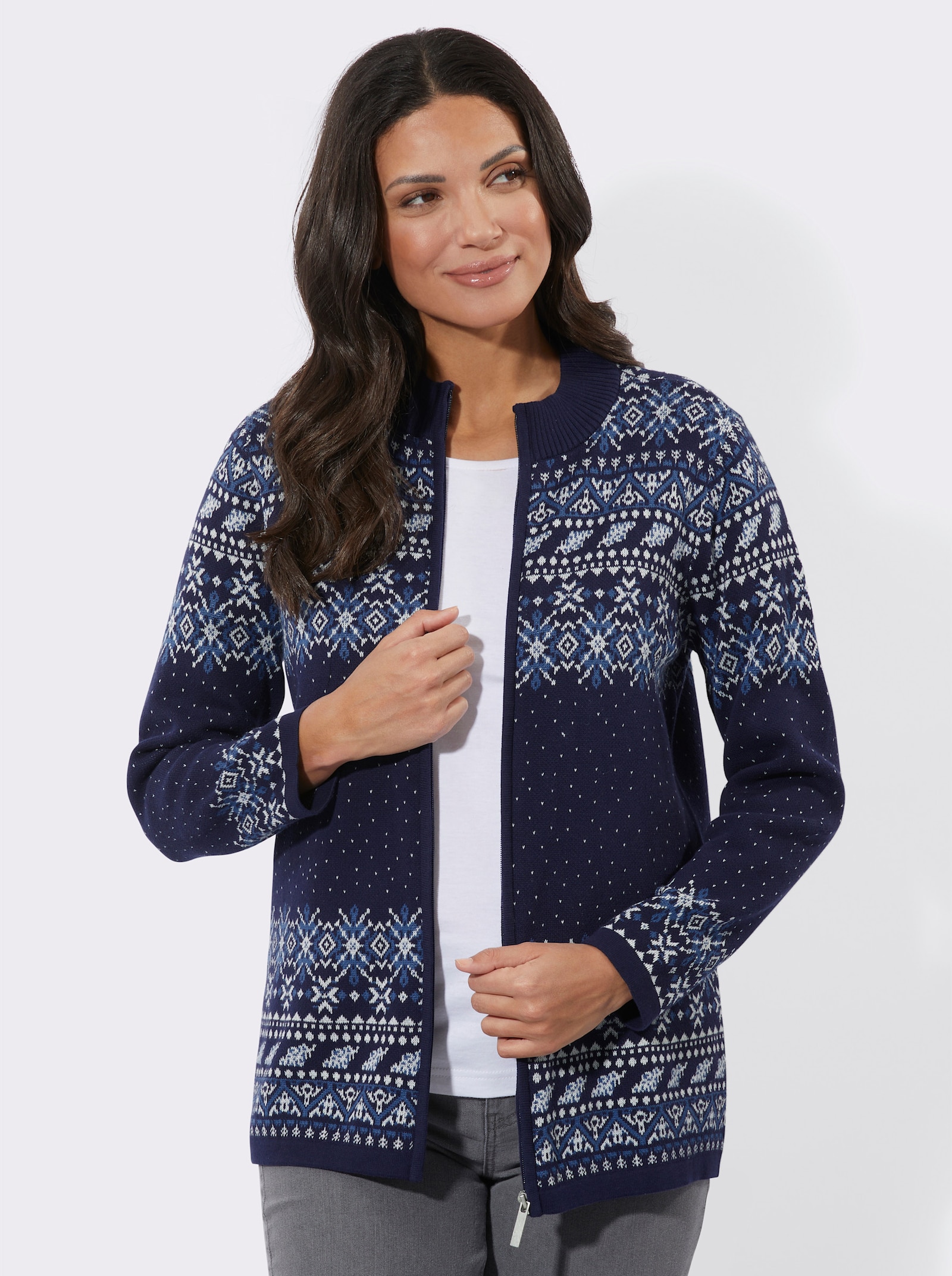 Jacquardstrickjacke im Norweger-Stil - marine-ecru-gemustert