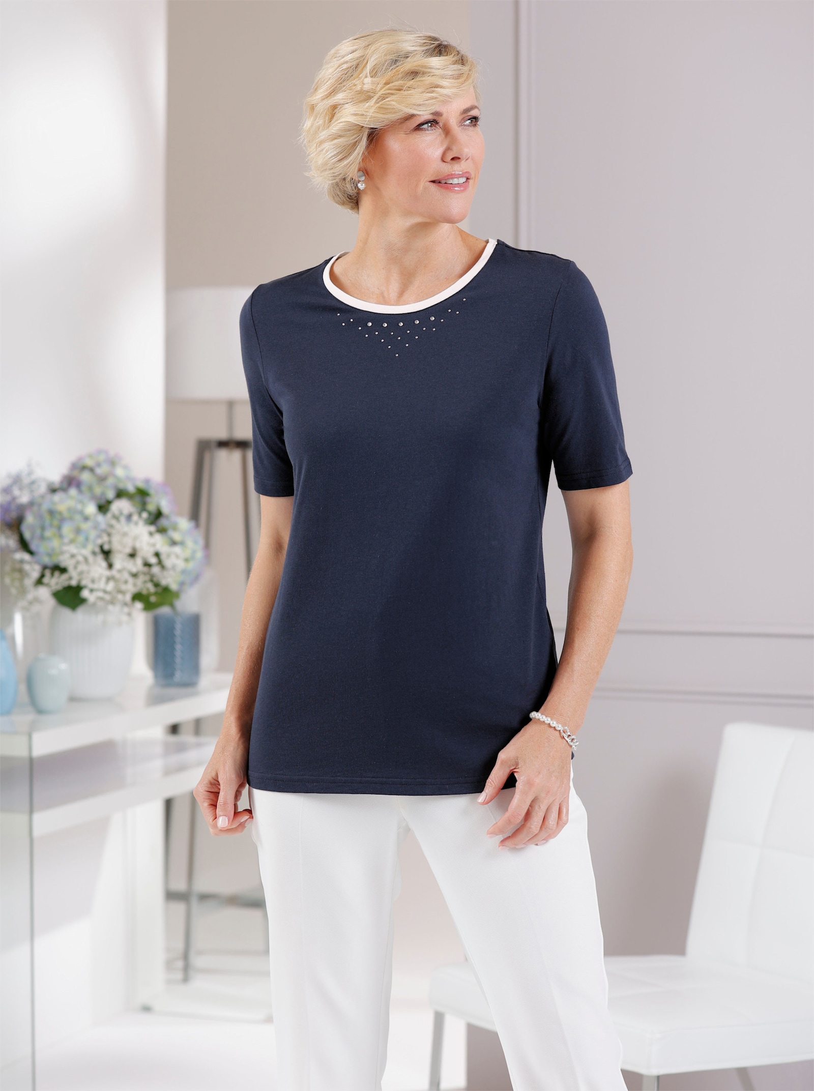 Kurzarmshirt mit Glitzersteinchen-Verzierung - marine