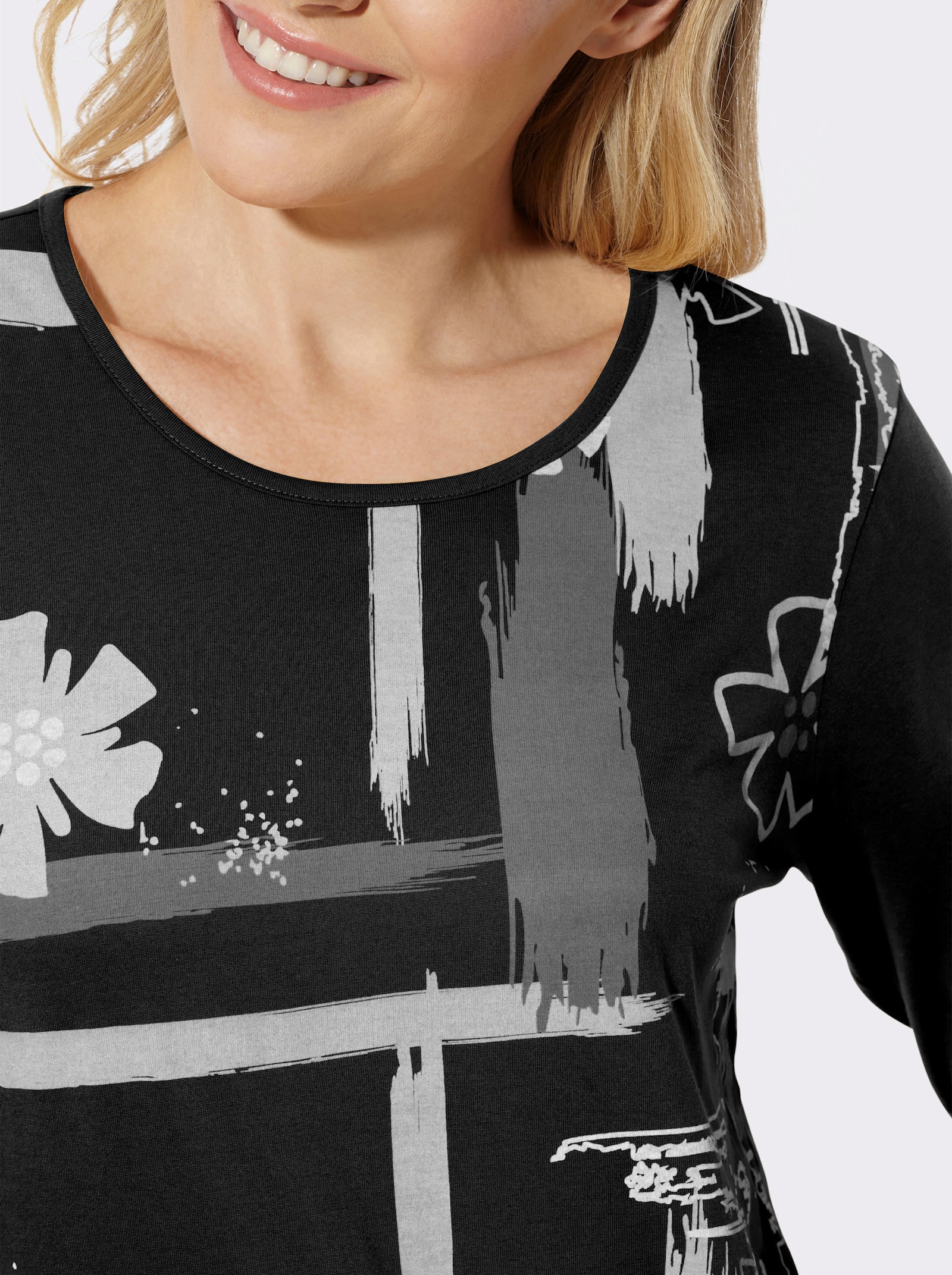 Rundhalsshirt mit Druckmuster vorne - schwarz-hellgrau-bedruckt