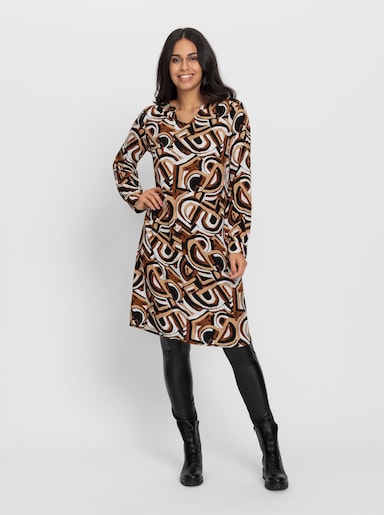 Druckkleid in Schlupfform - ecru-camel-bedruckt