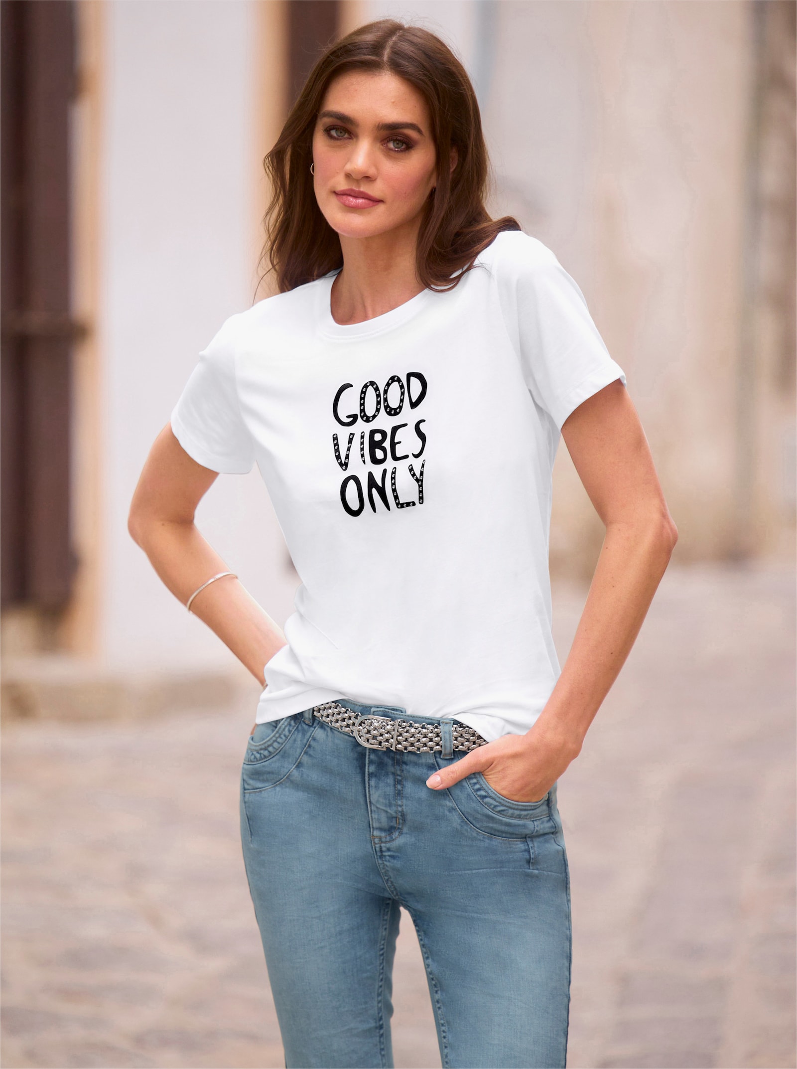 heine T-Shirt mit Schriftzug - weiss