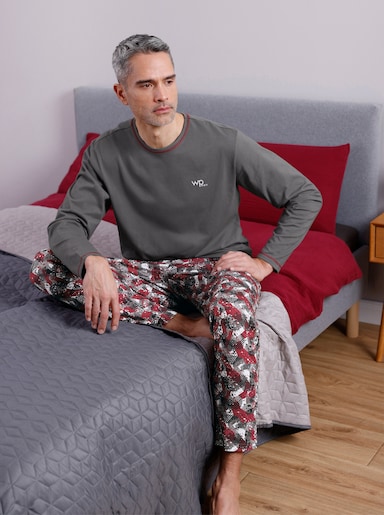 wäschepur men Schlafanzug - anthrazit-dunkelrot-bedruckt
