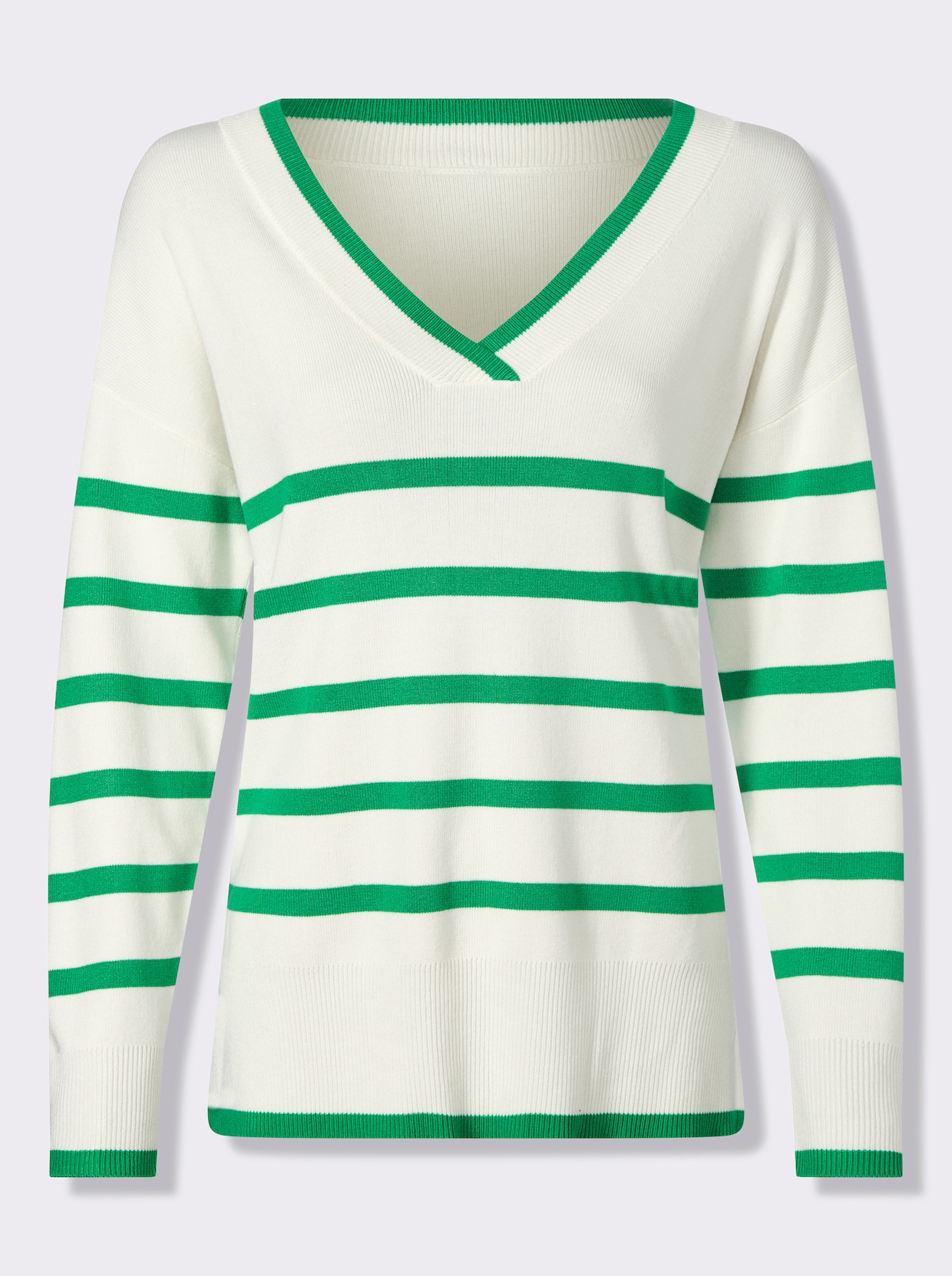 heine Pull à rayures avec encolure en V - vert herbe-écru à rayures fines