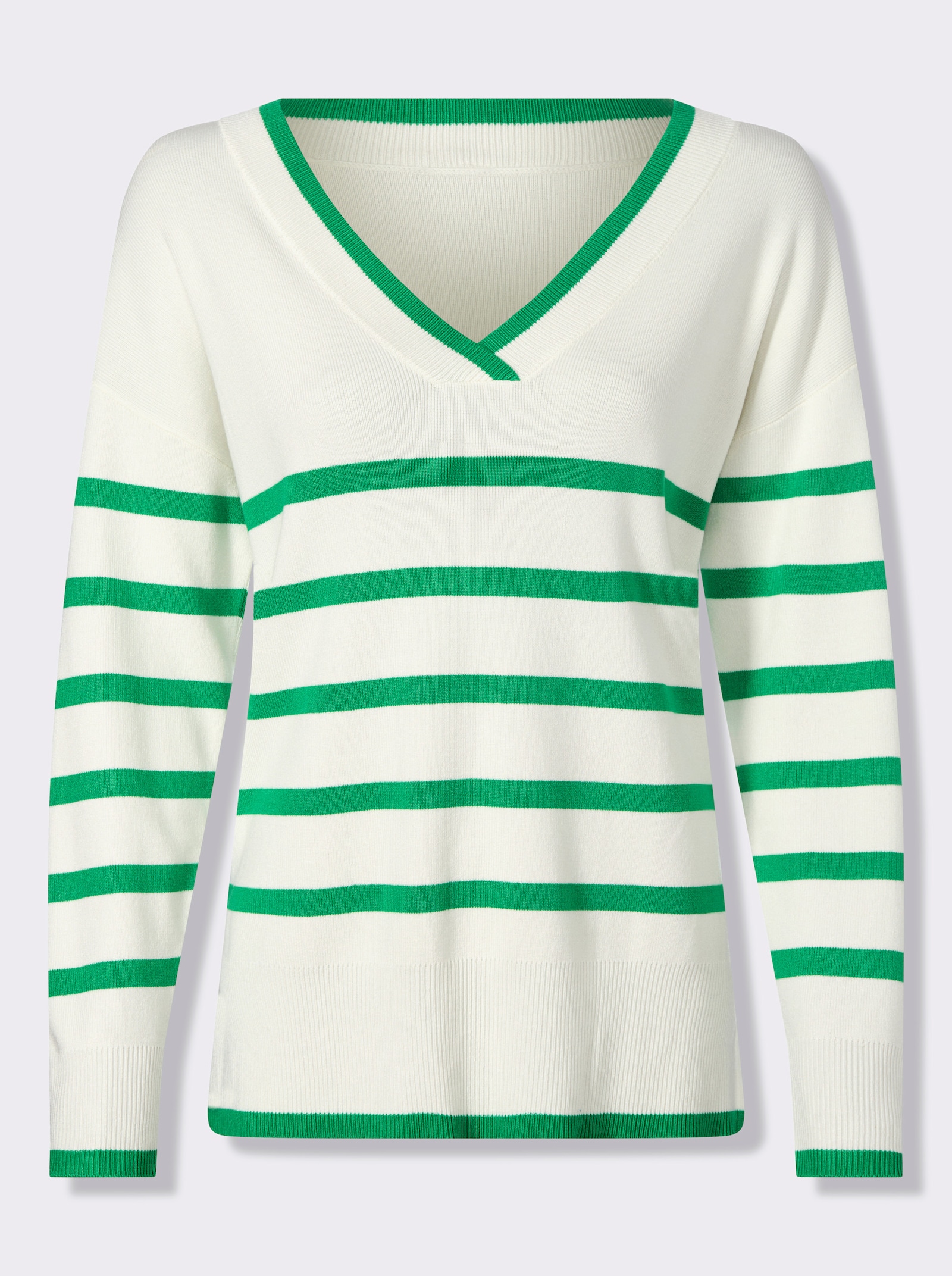 heine Gestreepte pullover met V-hals - grasgroen/ecru gestreept