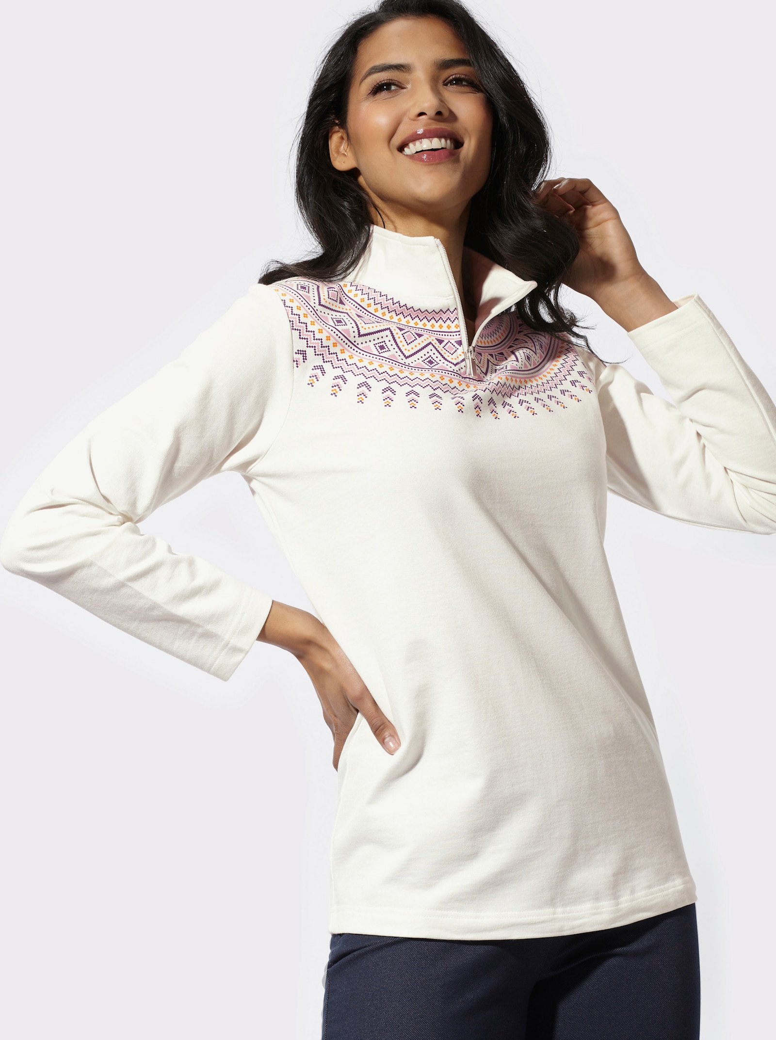 Sweatshirt mit kurzem Reißverschluss - ecru
