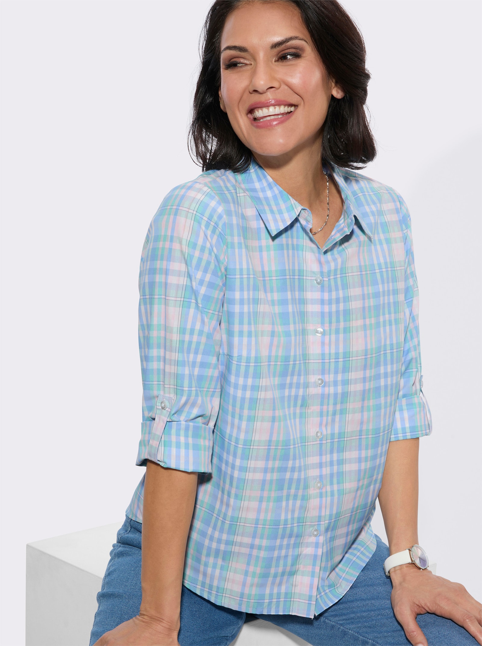 Karobluse mit Hemdkragen - hellrosé-eisblau-kariert