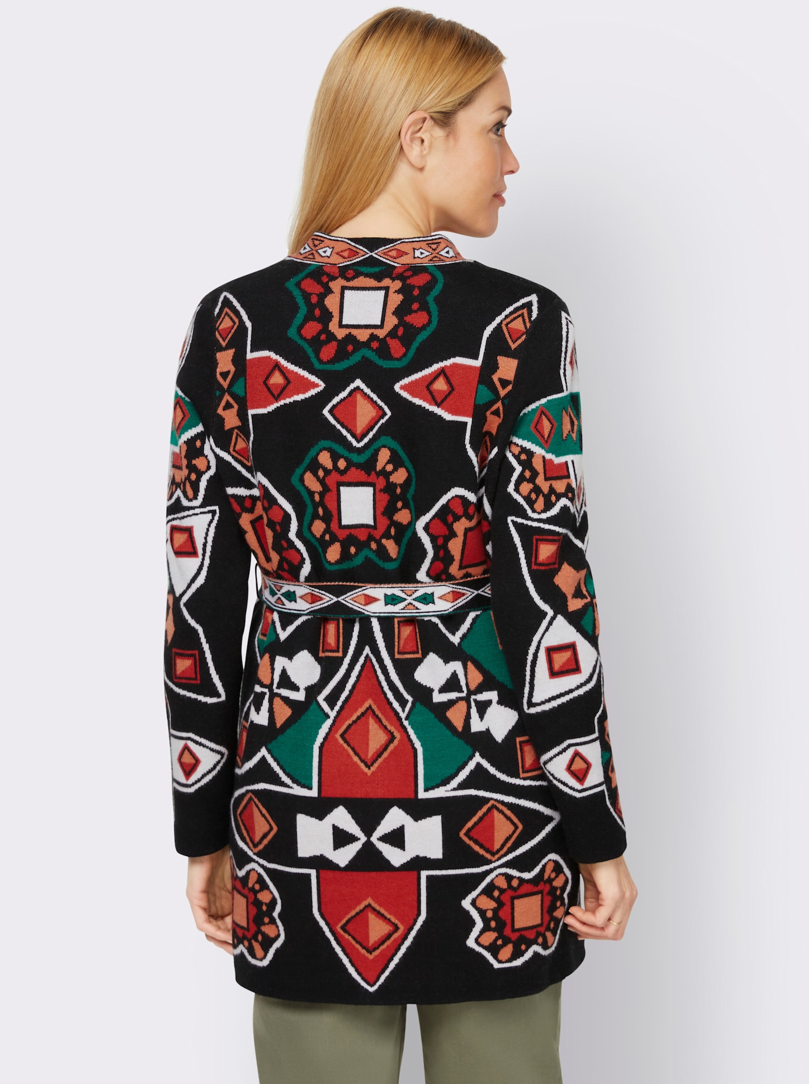 heine Jacquardstrickjacke mit abnehmbarem Bindegürtel - schwarz-papaya-gemustert