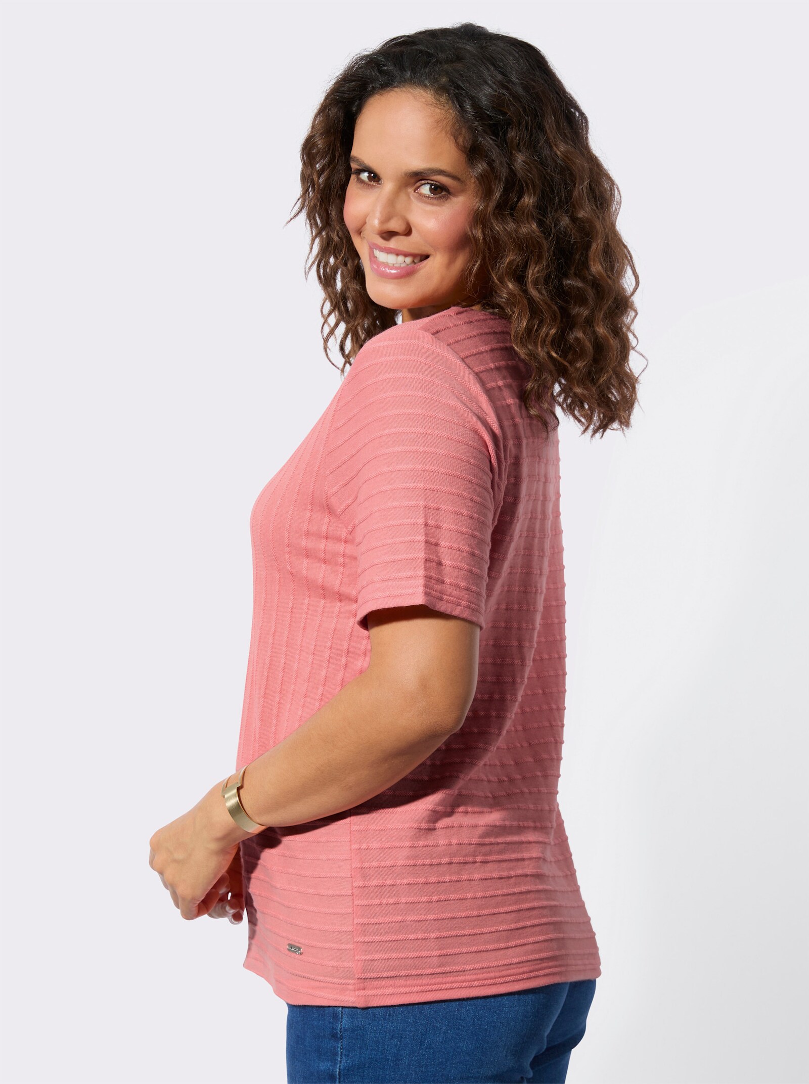 Shirt met korte mouw en structuurstrepen - flamingo