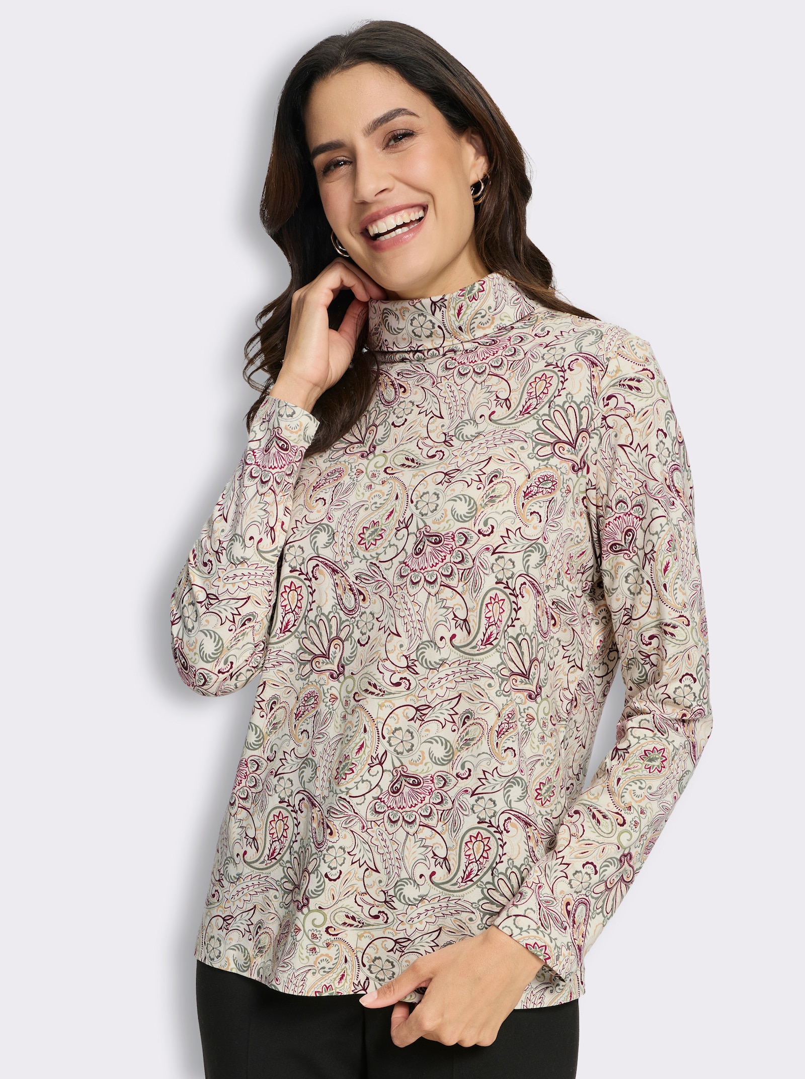 Rollkragenshirt mit Paisley-Muster - champagner-khaki-bedruckt