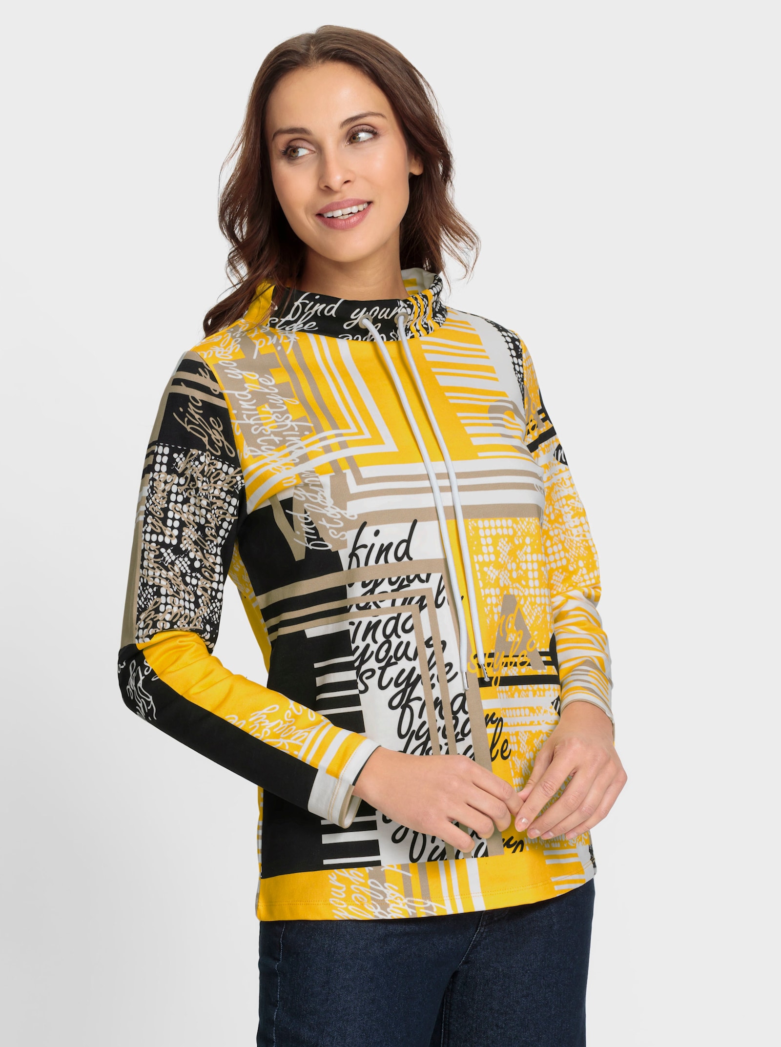 Sweatshirt mit Druck-Dessin - sonnengelb-weiß-bedruckt