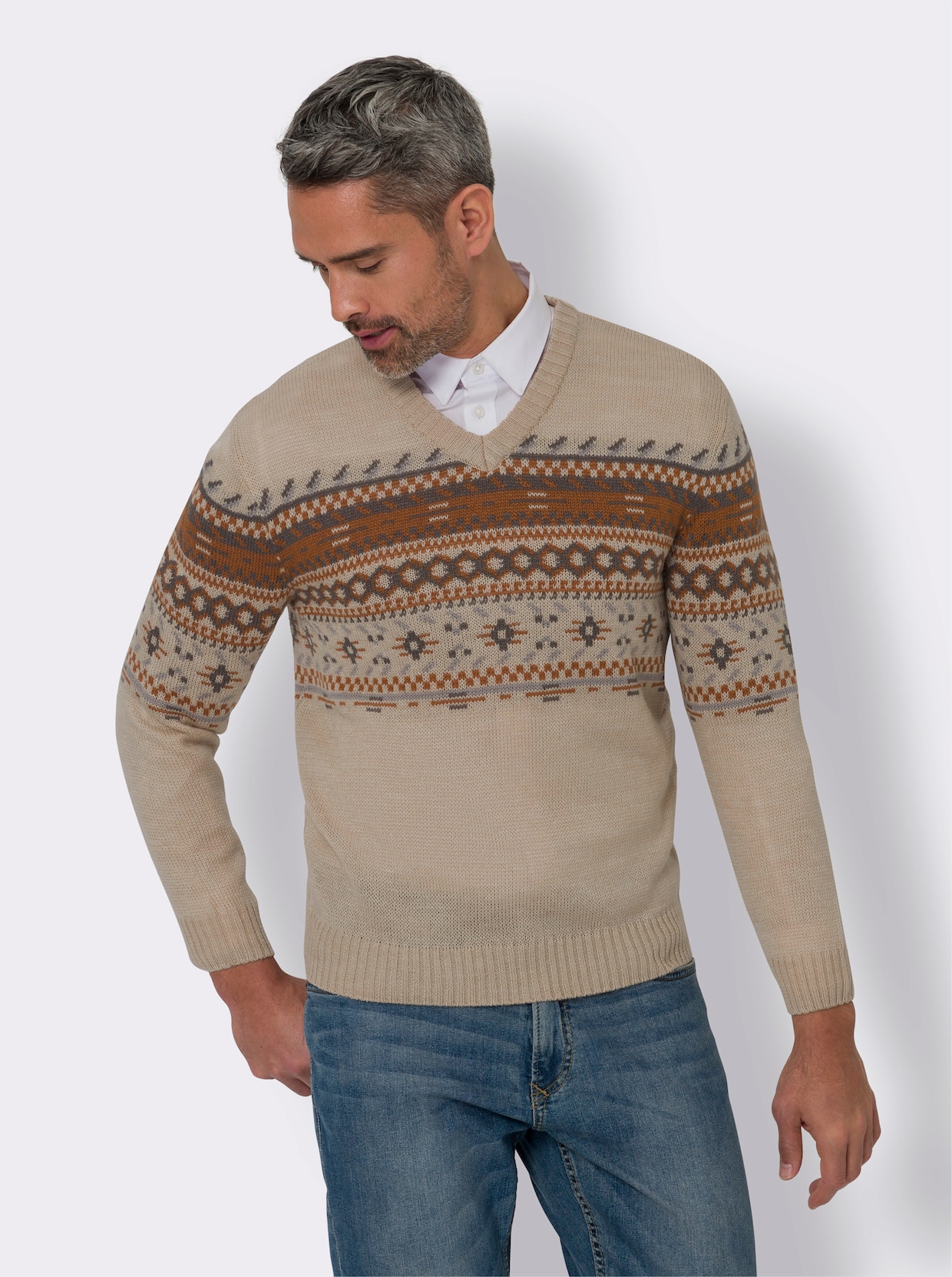 Pullover - beige gedessineerd