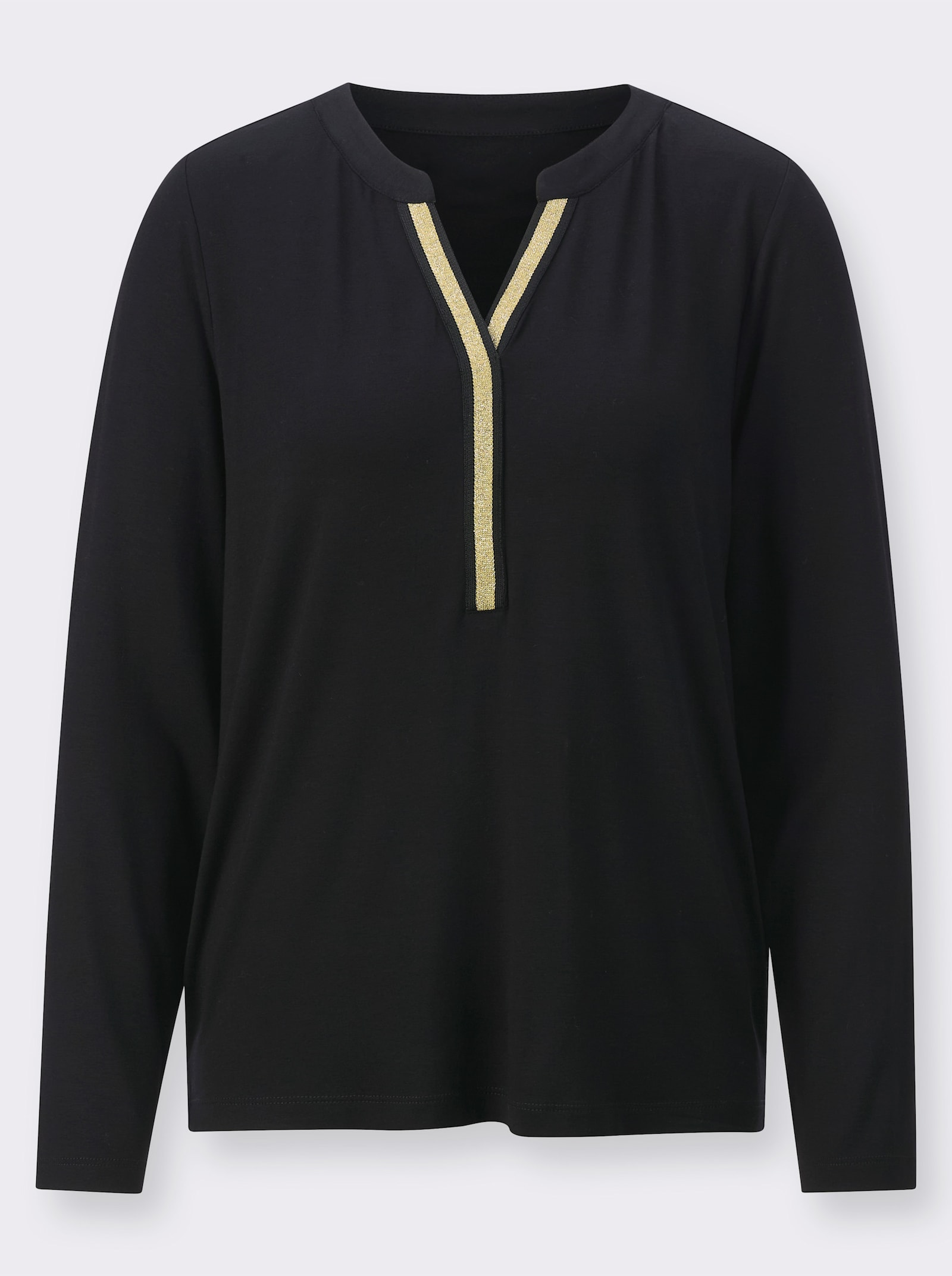 Langarmshirt mit Zierband am Ausschnitt - schwarz