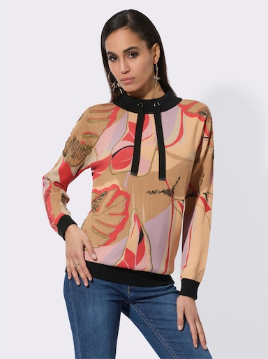 Langarm-Pullover im hochwertigen Material-Mix - beige-apricot-bedruckt