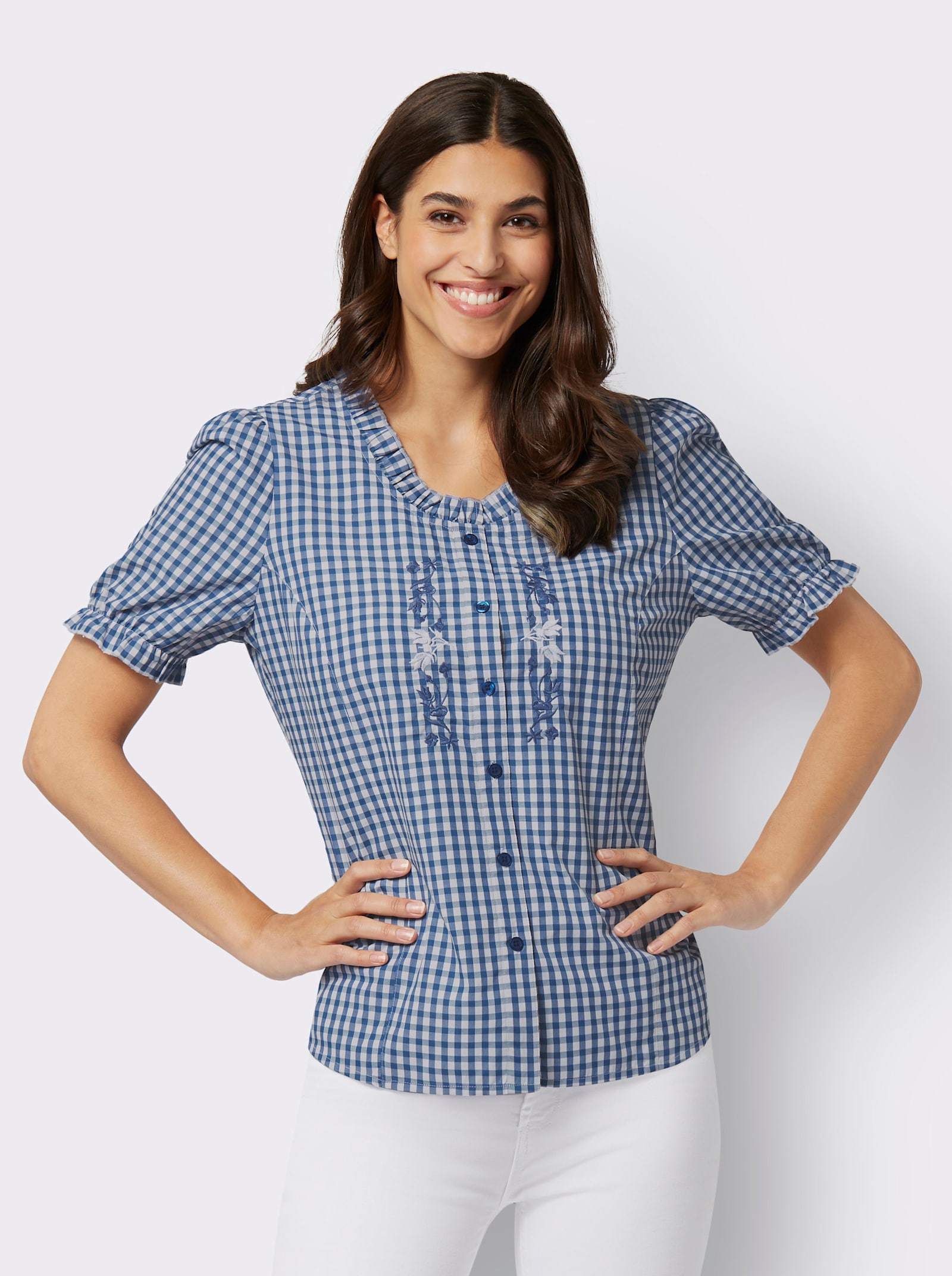 Trachtenbluse mit Stickerei - jeansblau-weiß-kariert
