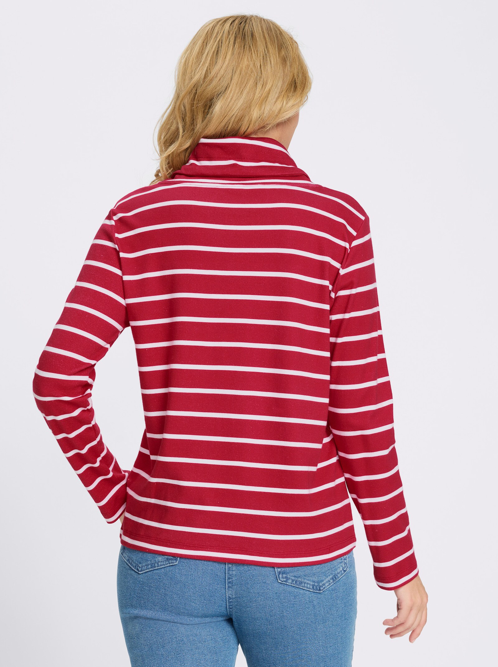 Sweatshirt mit überlappendem Kragen - rot-ecru-geringelt