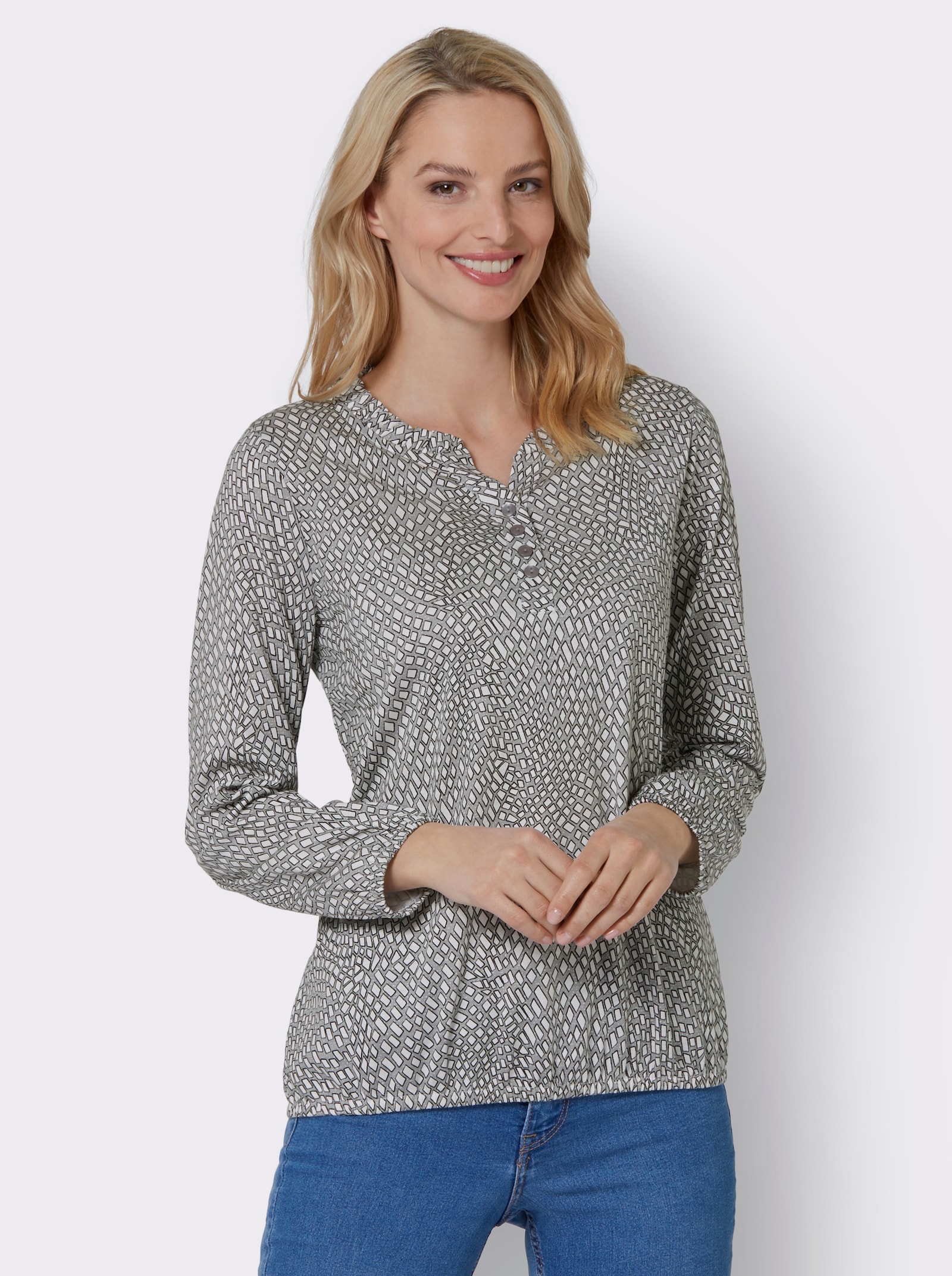 Langarmshirt im Material-Mix - steingrau-ecru-bedruckt