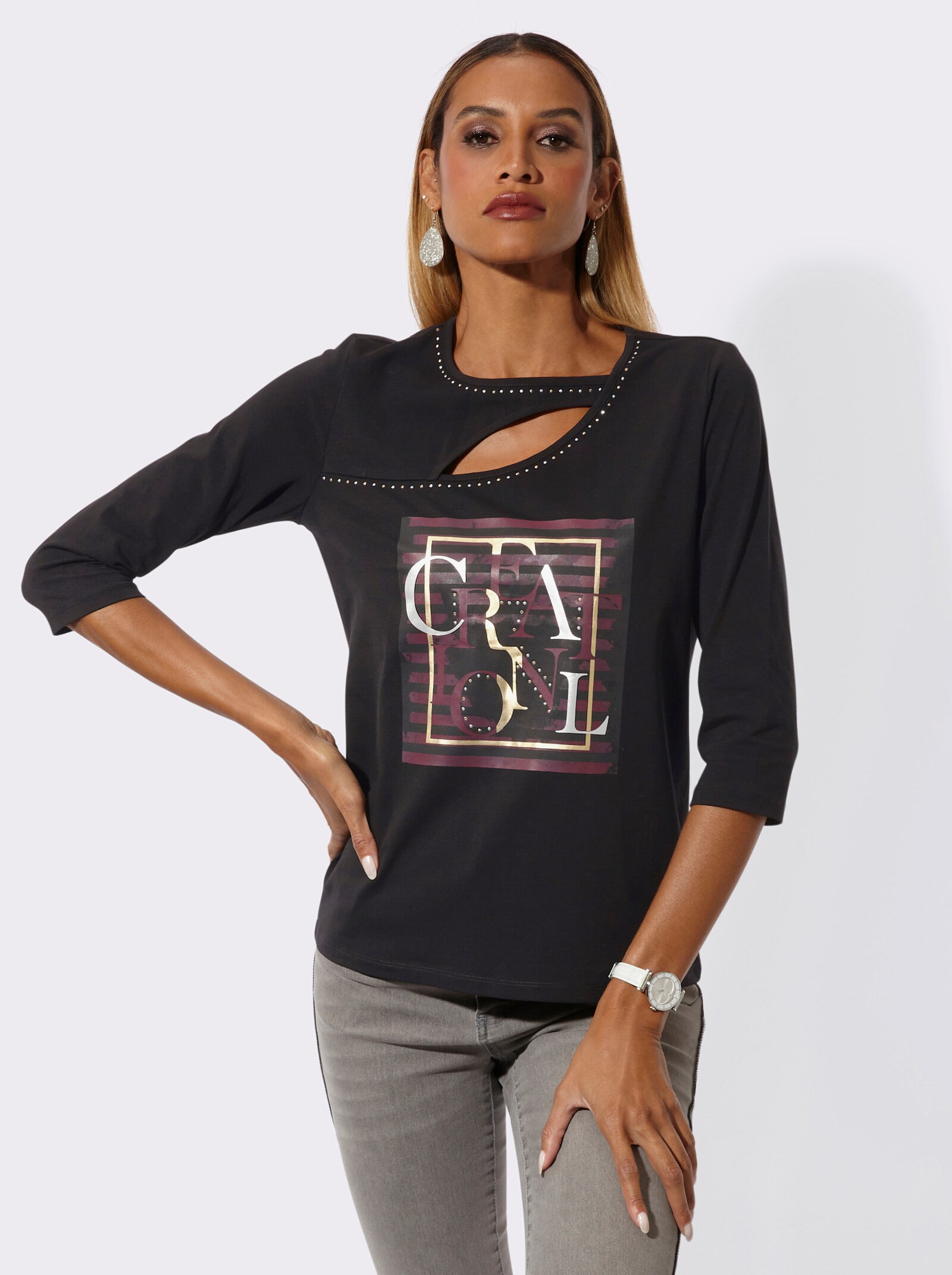 3/4-Arm-Shirt mit Foliendruck - schwarz-goldfarben-bedruckt