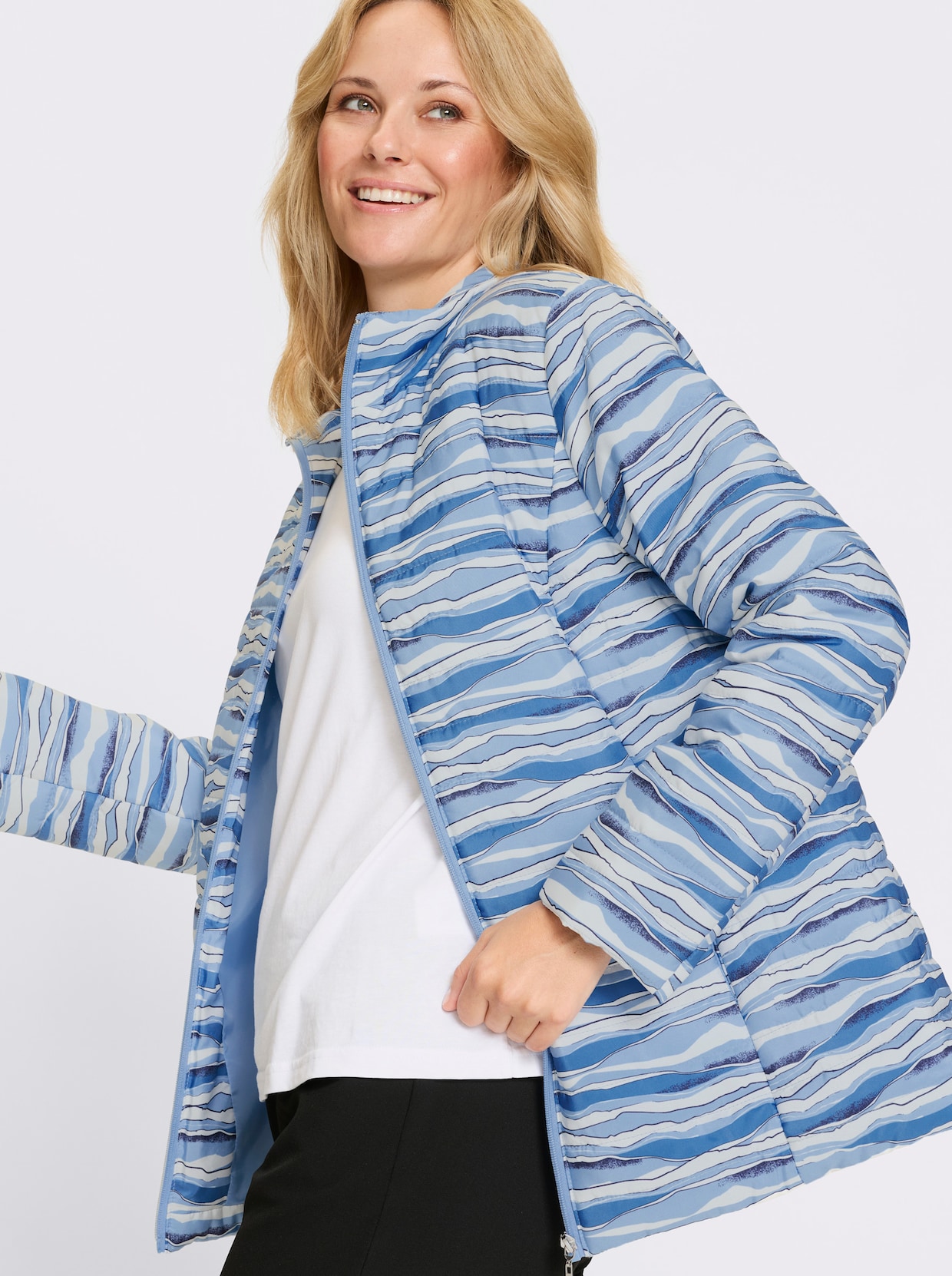 Steppjacke - mittelblau-ecru-bedruckt