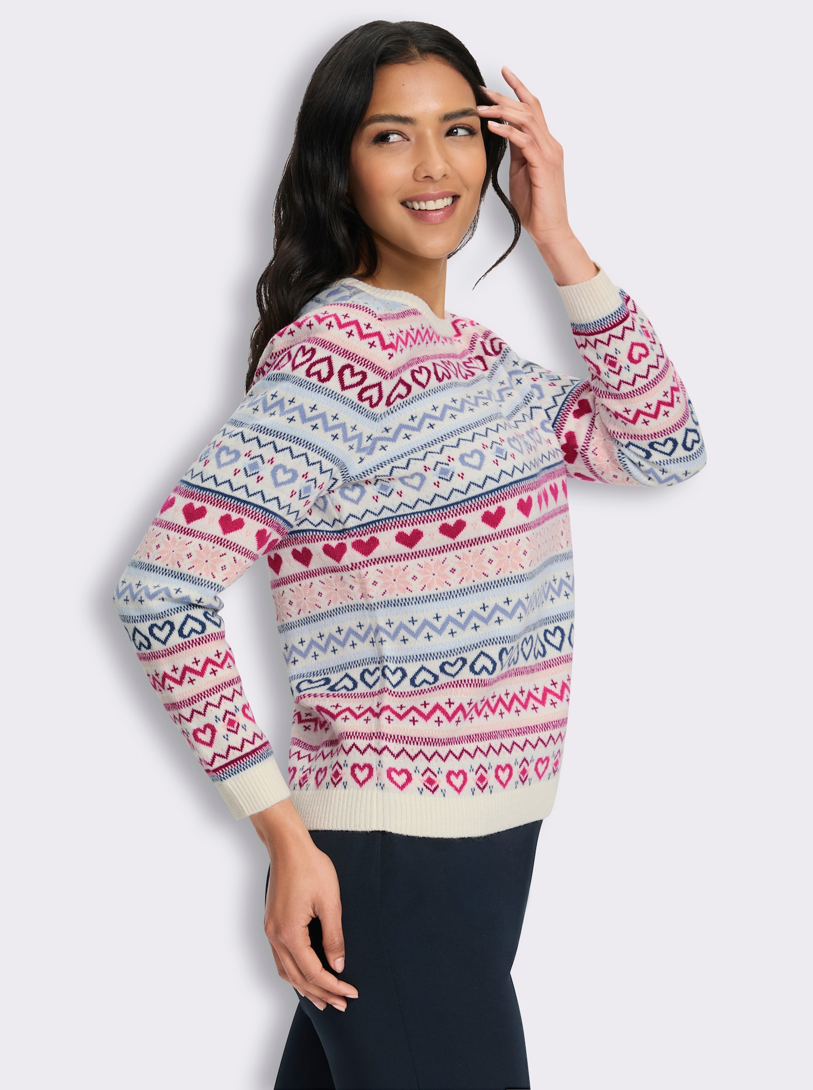 Jacquard-Pullover mit Rundhals-Ausschnitt - champagner-malve-gemustert
