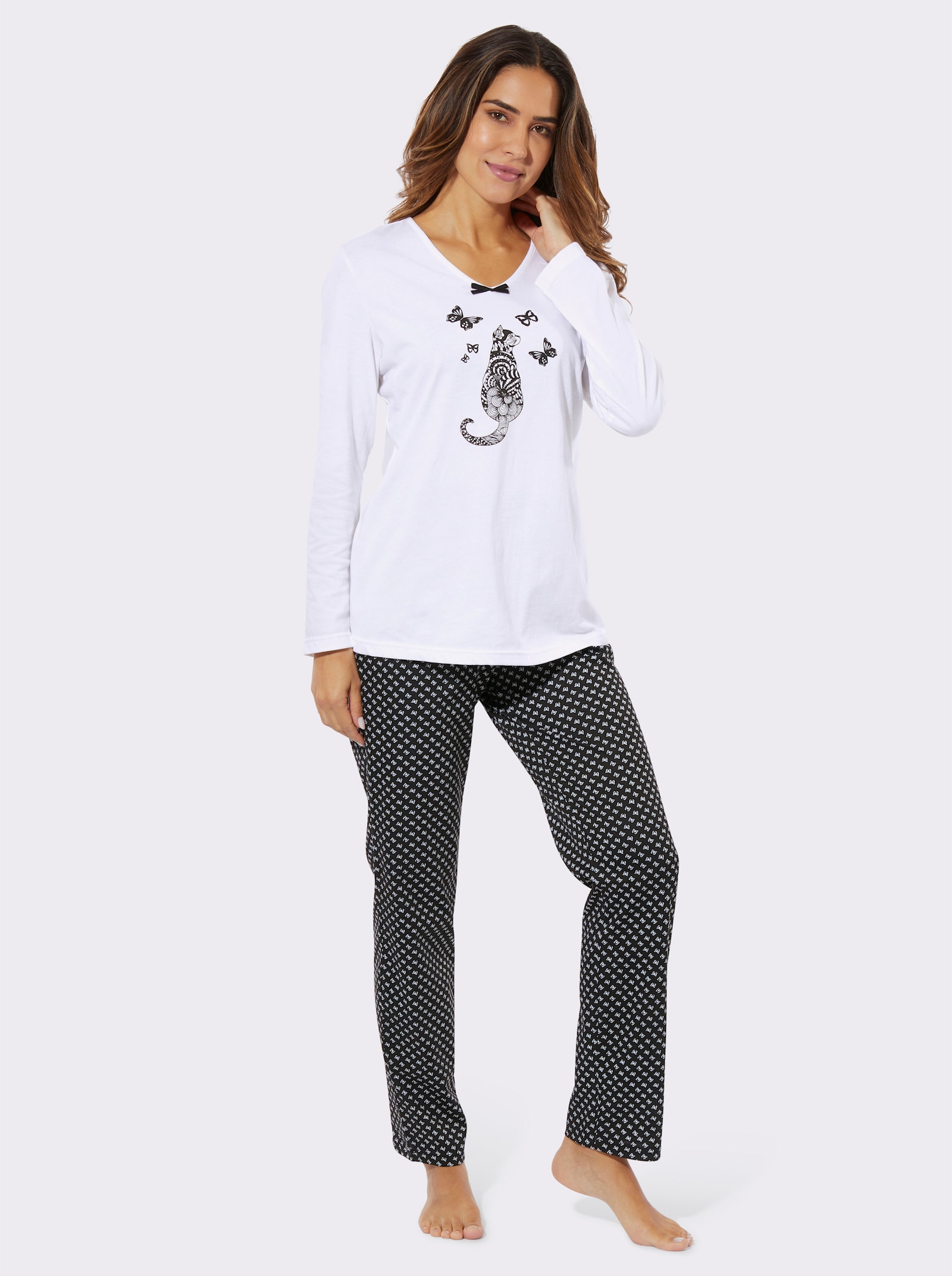 Pyžamo a kočičím motivem - bílá-černá-potisk