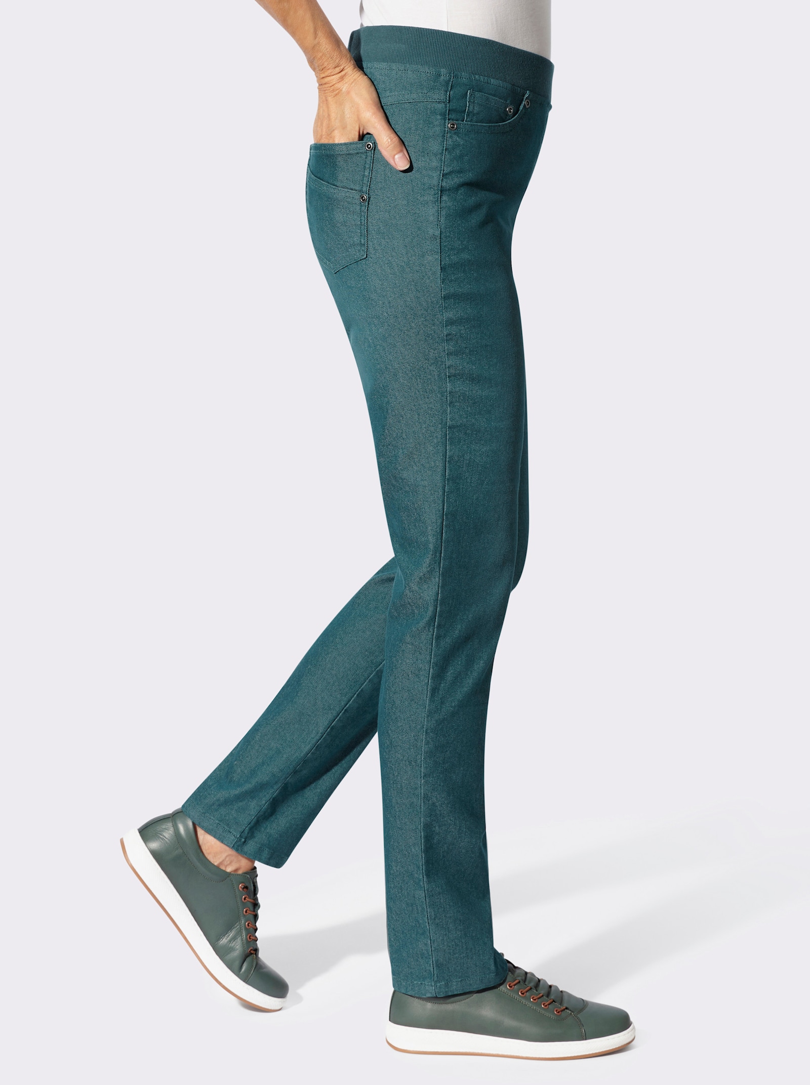 Comfortjeans met geribde comfortband van tricot - petrol
