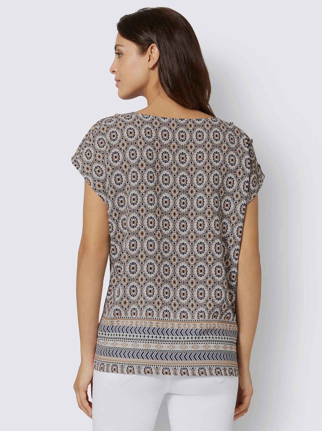 Comfortabele blouse - taupe/camel bedrukt