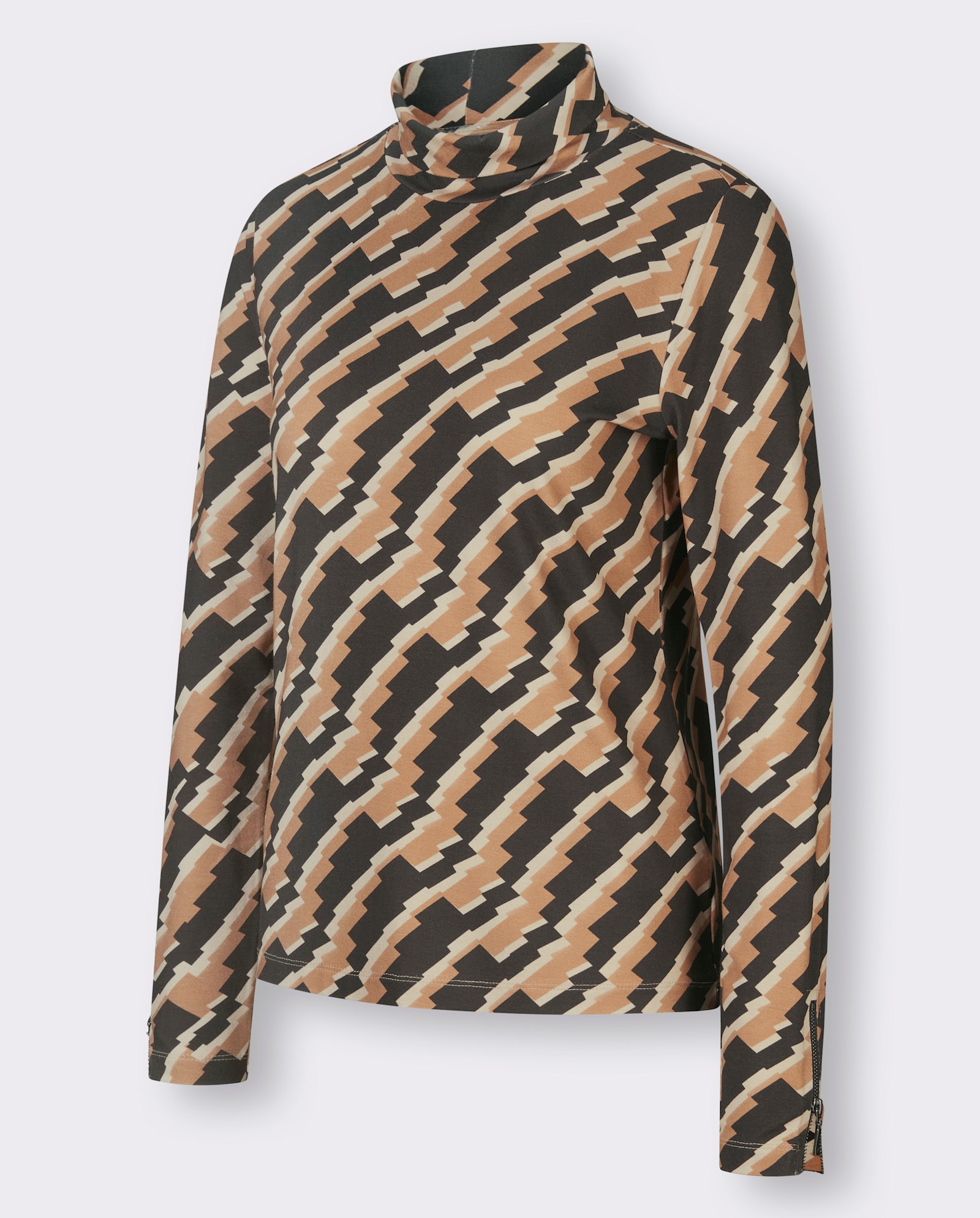 Rollkragenshirt mit Zipper am Ärmel - graphit-camel-gemustert