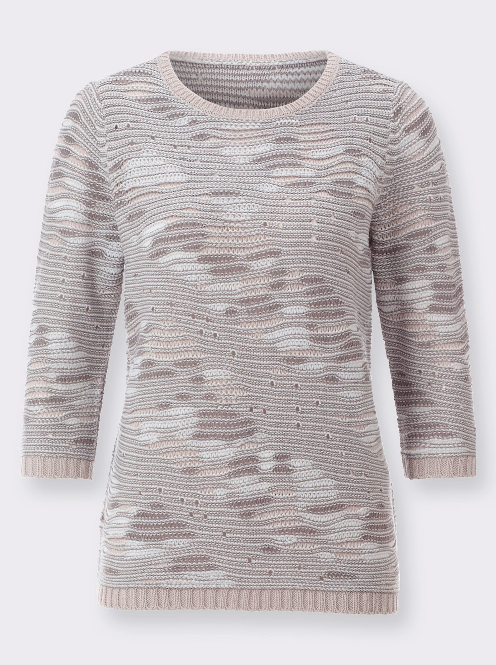 3/4 Arm-Pullover mit Strickdessin - grau-weiss-gemustert
