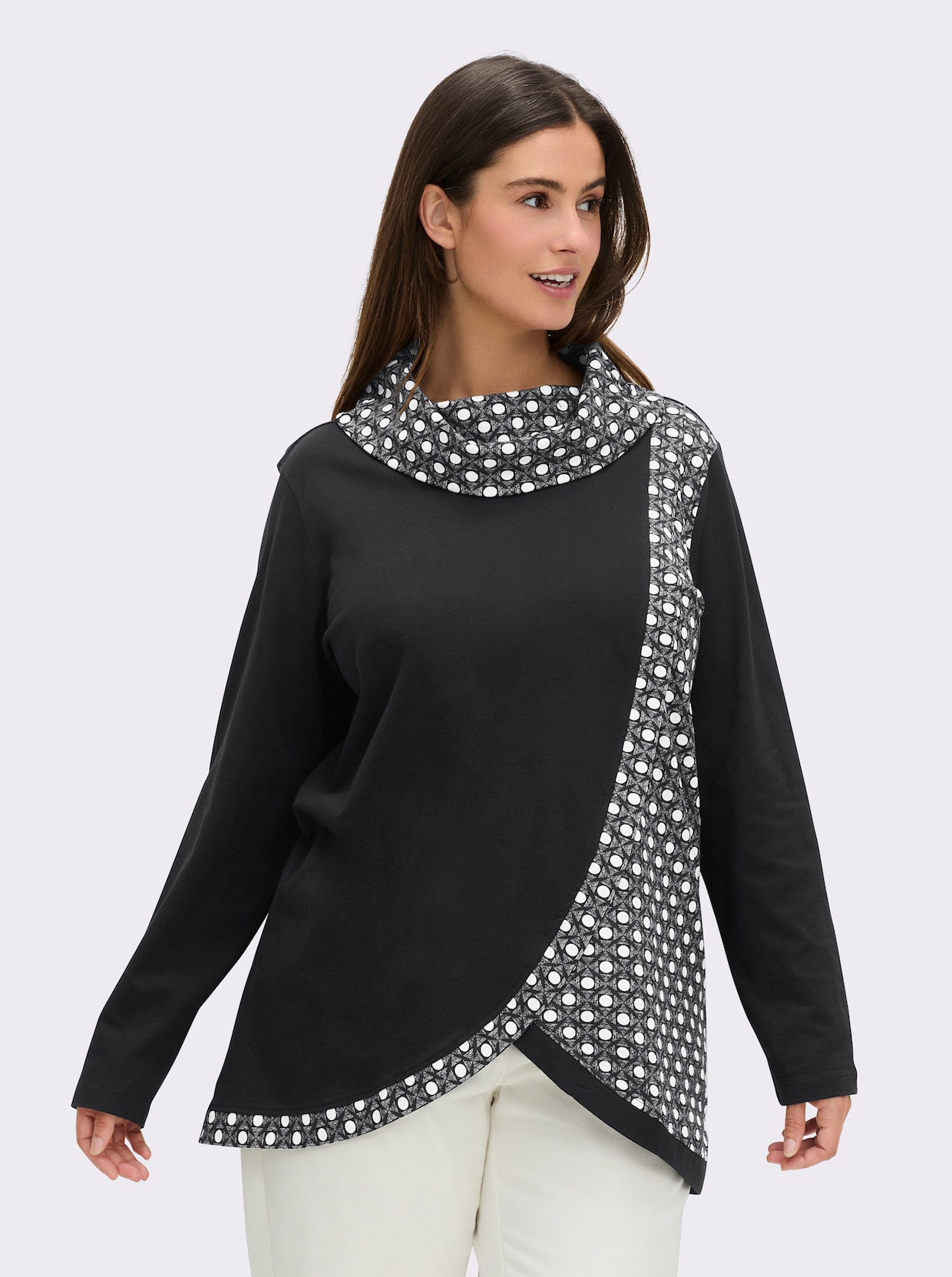 Rollkragenshirt mit Lagen-Optik - schwarz-ecru-bedruckt