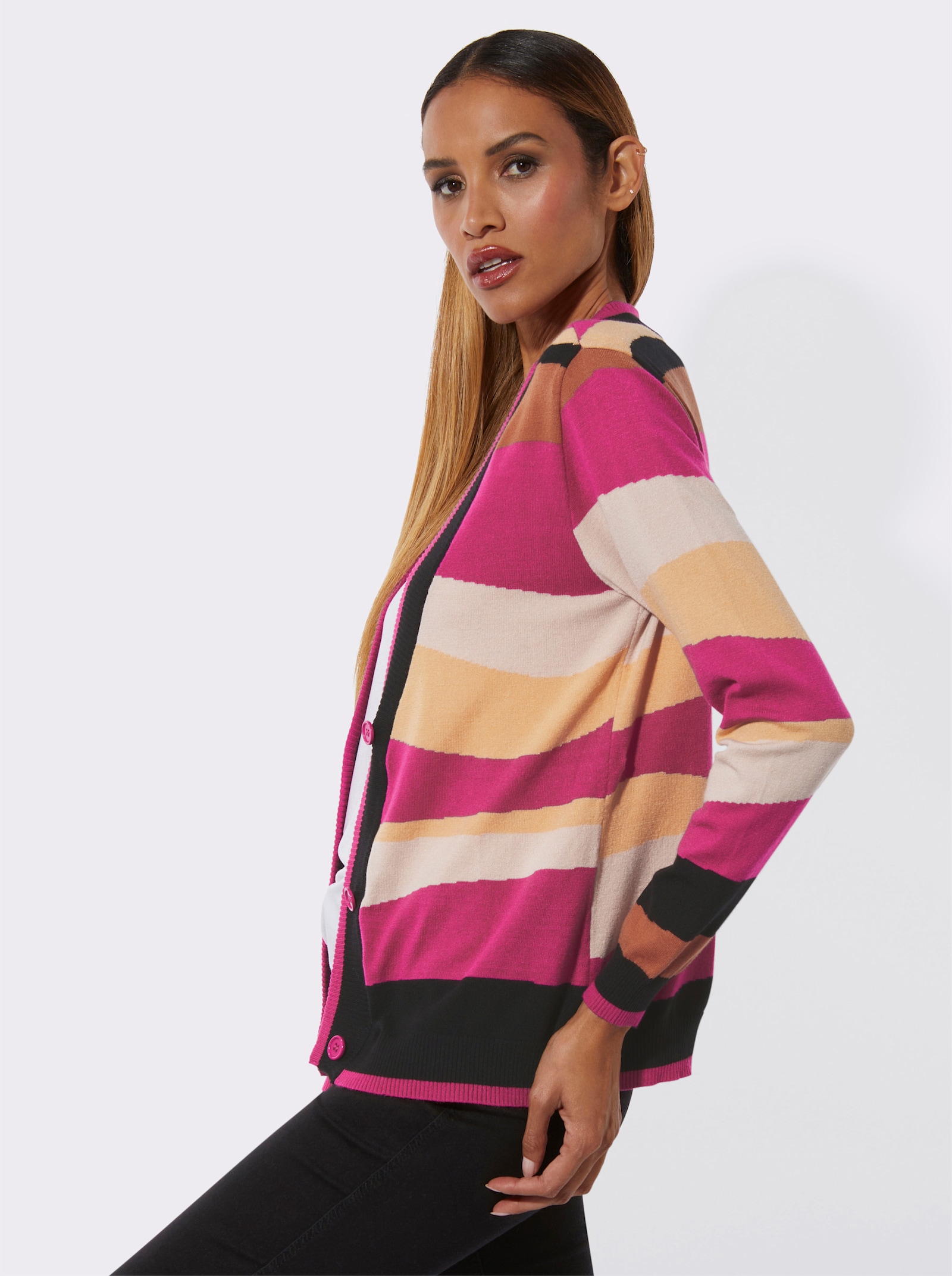 Veste en tricot fin avec bords-côtes - fuchsia-papaye à motifs