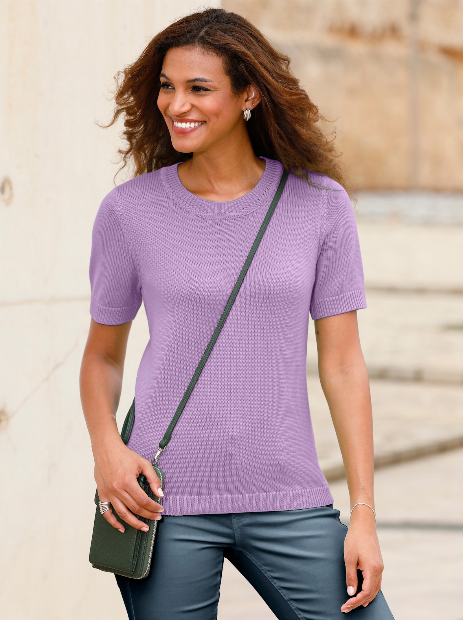 Kurzarmpullover mit Rippabschlüssen - flieder