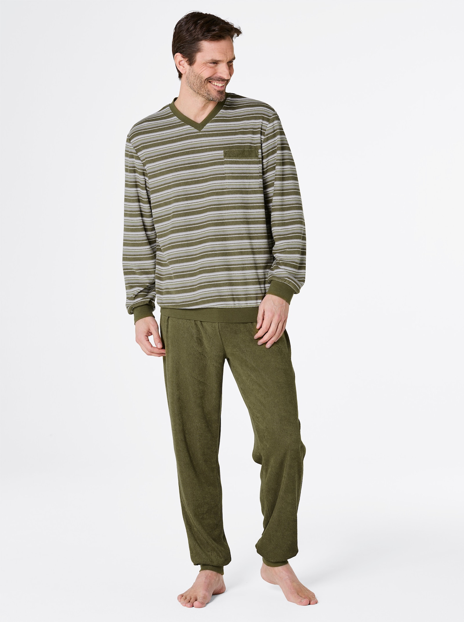 wäschepur men Schlafanzug - oliv-steingrau-geringelt